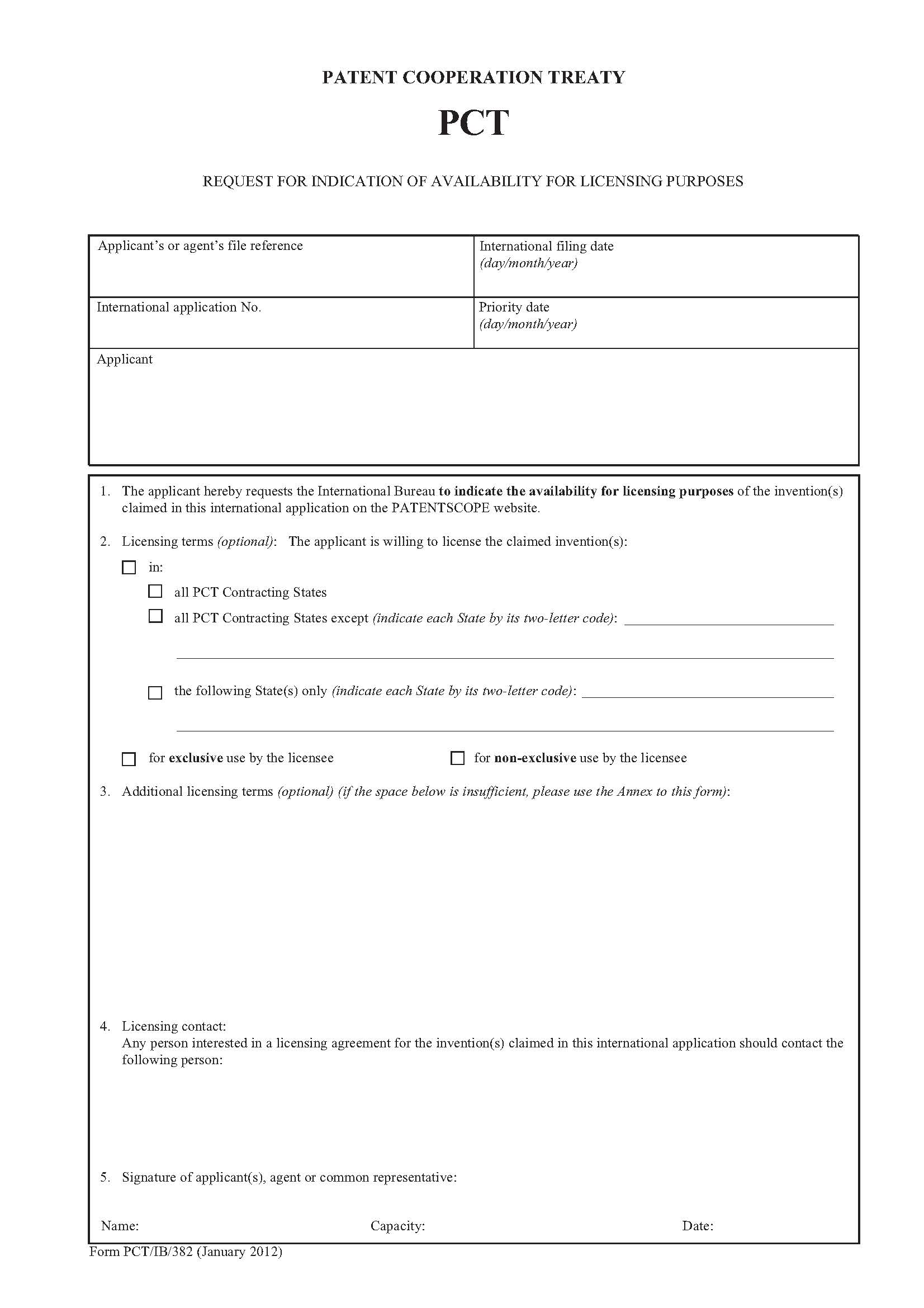 Request For Indication Of Availability For Licensing Purposes {PCT-IB-382} | Pdf Fpdf Doc Docx | Official Federal Forms