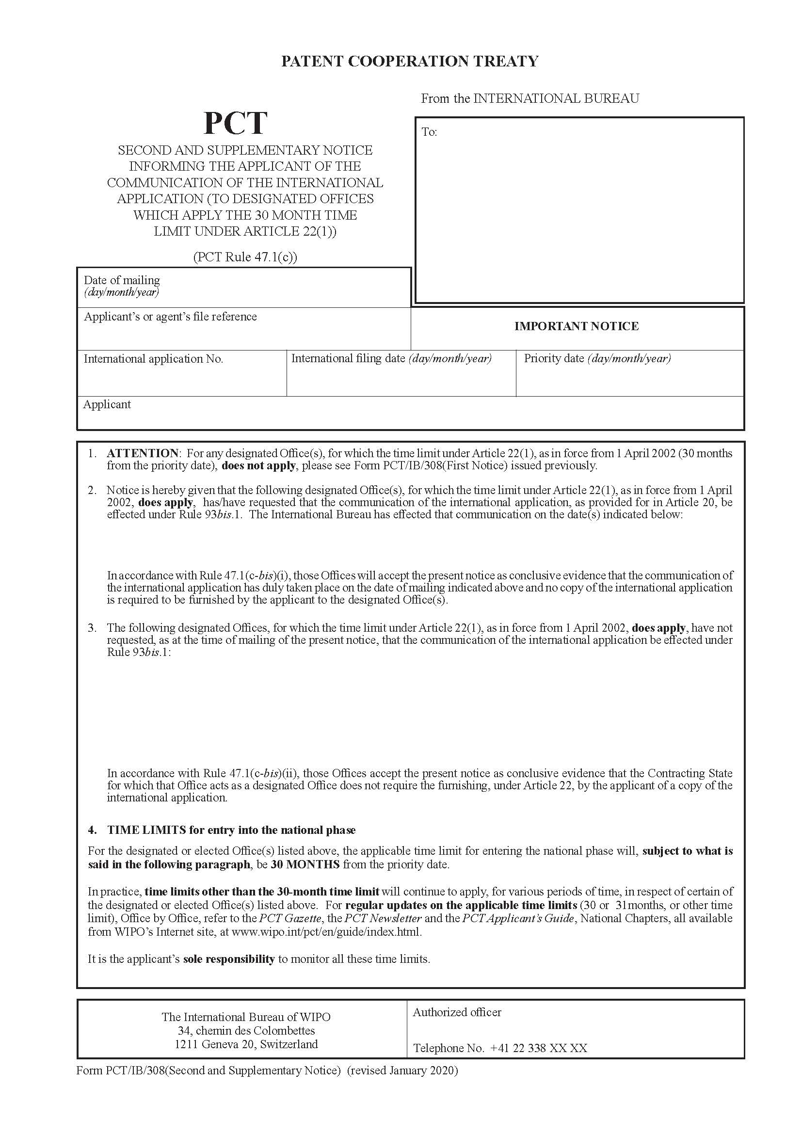 Second And Supplementary Notice Informing The Applicant Of The Communication {PCT-IB-308} | Pdf Fpdf Doc Docx | Official Federal Forms