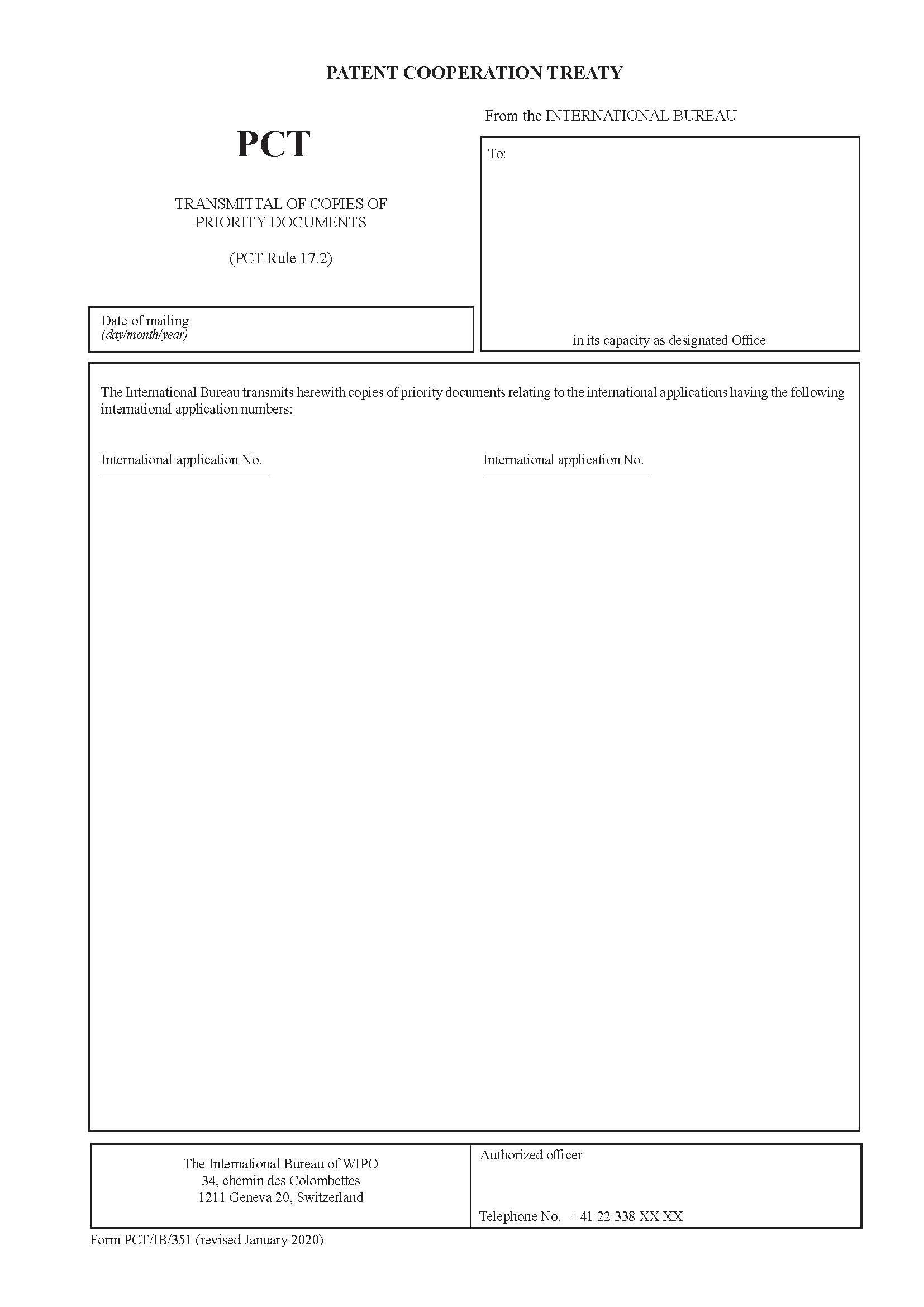Transmittal Of Copies Of Priority Documents {PCT-IB-351} | Pdf Fpdf Docx | Official Federal Forms