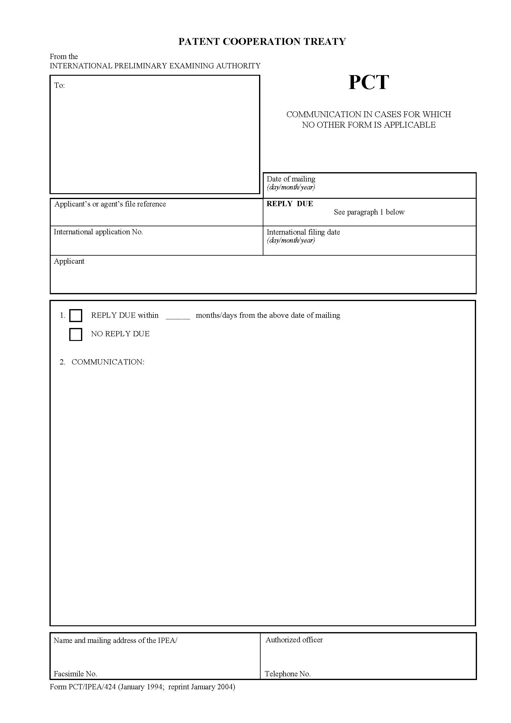Communication In Cases For Which No Other Form Is Applicable {PCT-IPEA-424} | Pdf Fpdf Doc Docx | Official Federal Forms
