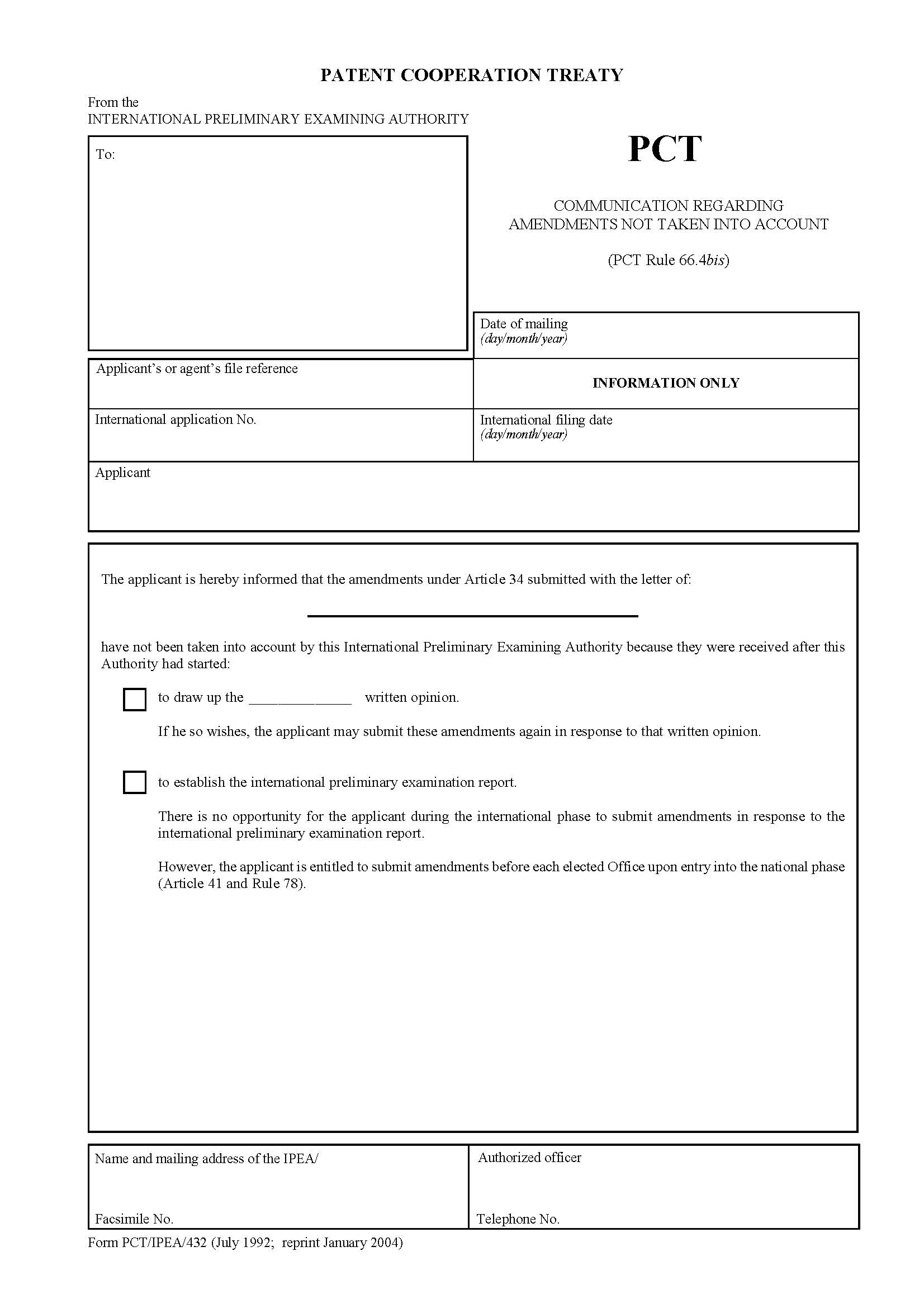 Communication Regarding Amendments Not Taken Into Account {PCT-IPEA-432} | Pdf Fpdf Doc Docx | Official Federal Forms