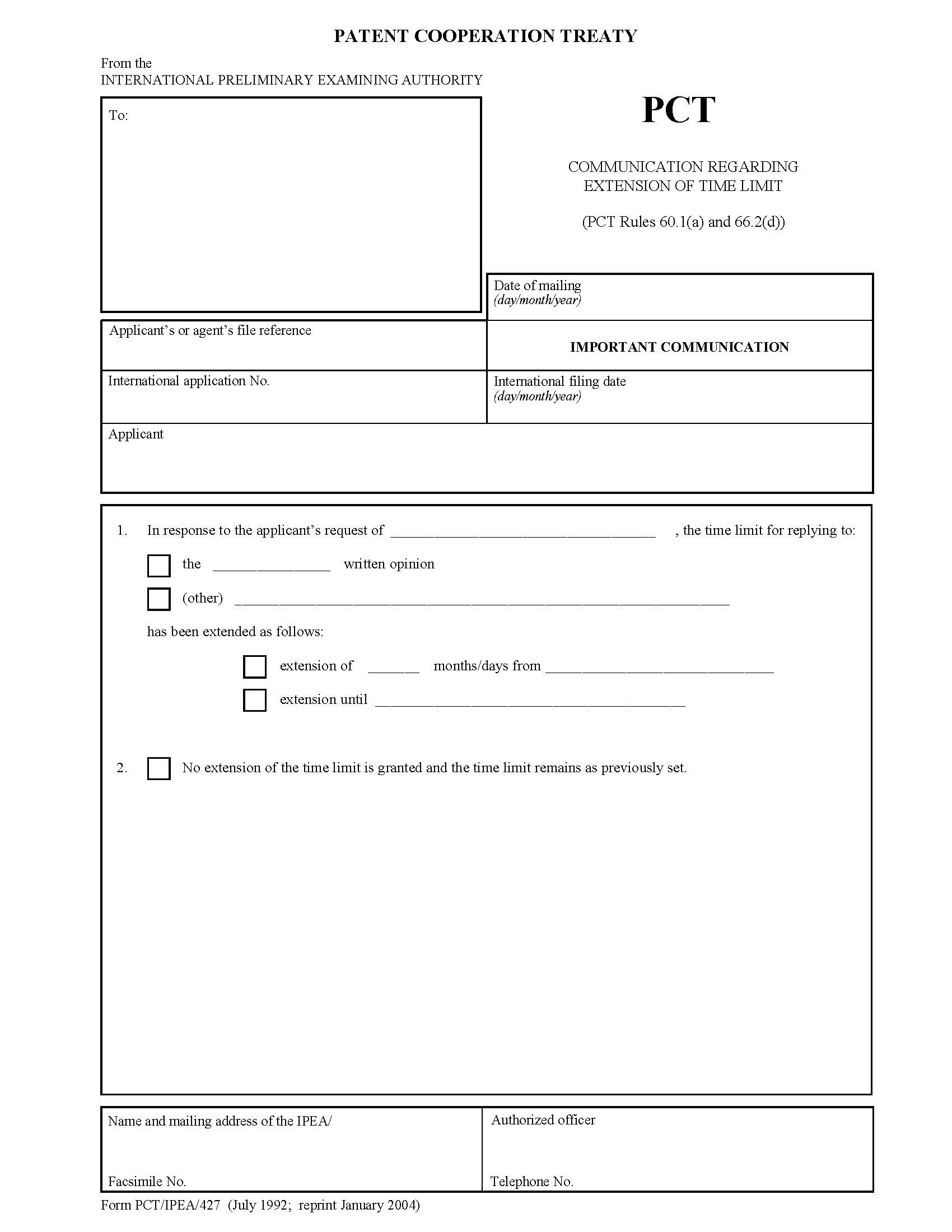 Communication Regarding Extension Of Time Limit {PCT-IPEA-427} | Pdf Fpdf Docx | Official Federal Forms