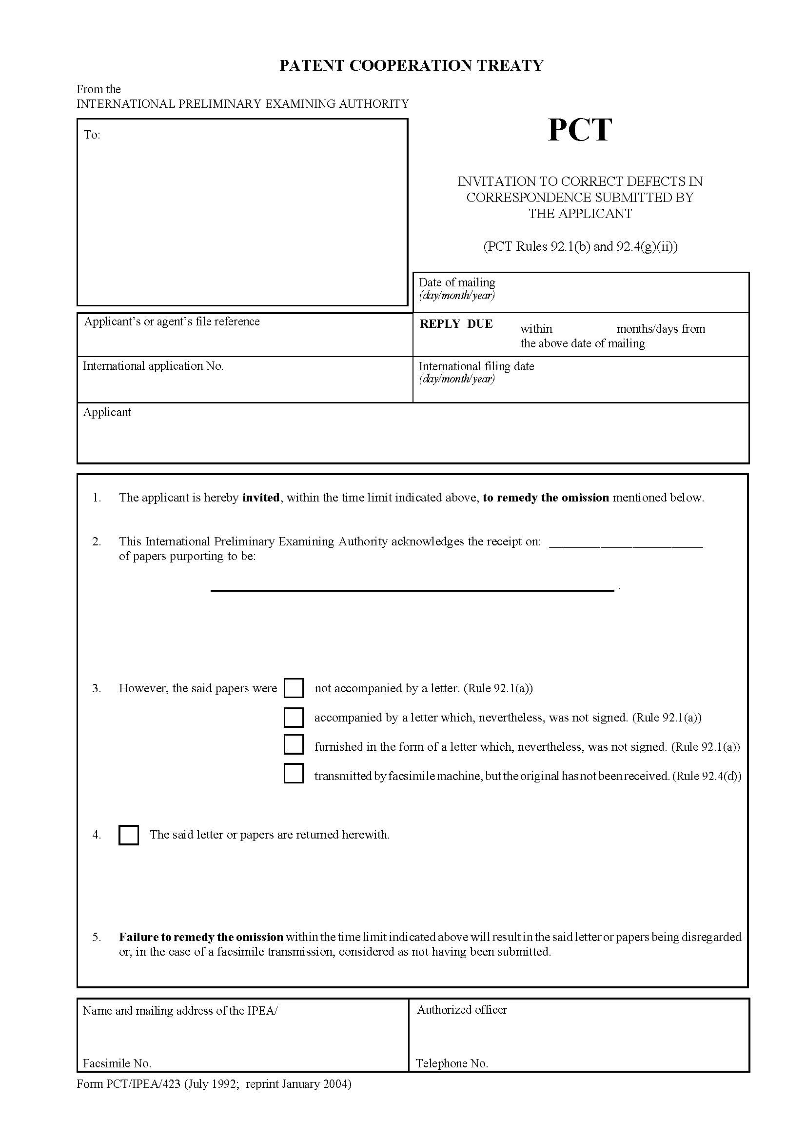 Invitation To Correct Defects In Correspondence Submitted By The Applicant {PCT-IPEA-423} | Pdf Fpdf Doc Docx | Official Federal Forms