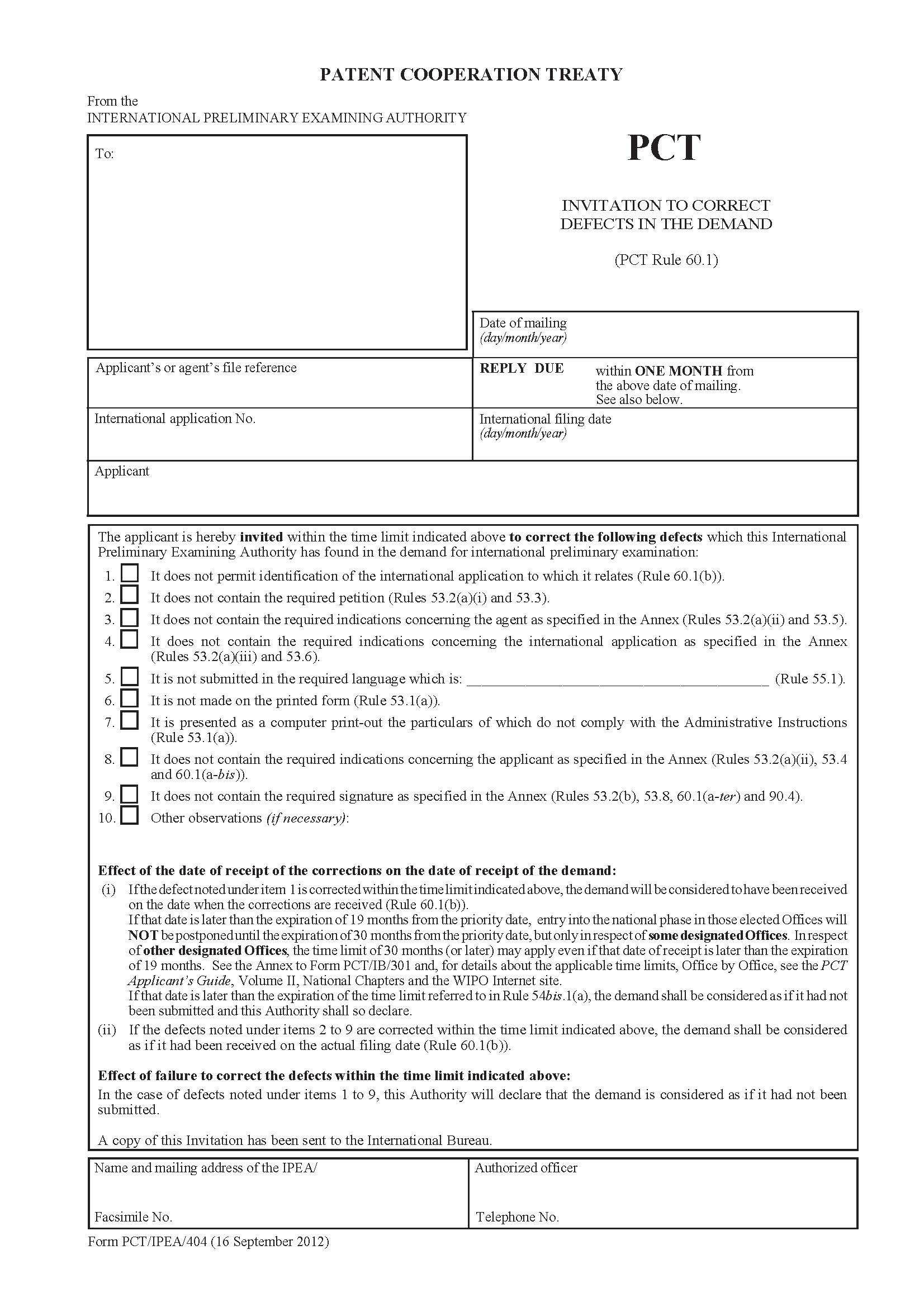Invitation To Correct Defects In The Demand {PCT-IPEA-404} | Pdf Fpdf Doc Docx | Official Federal Forms