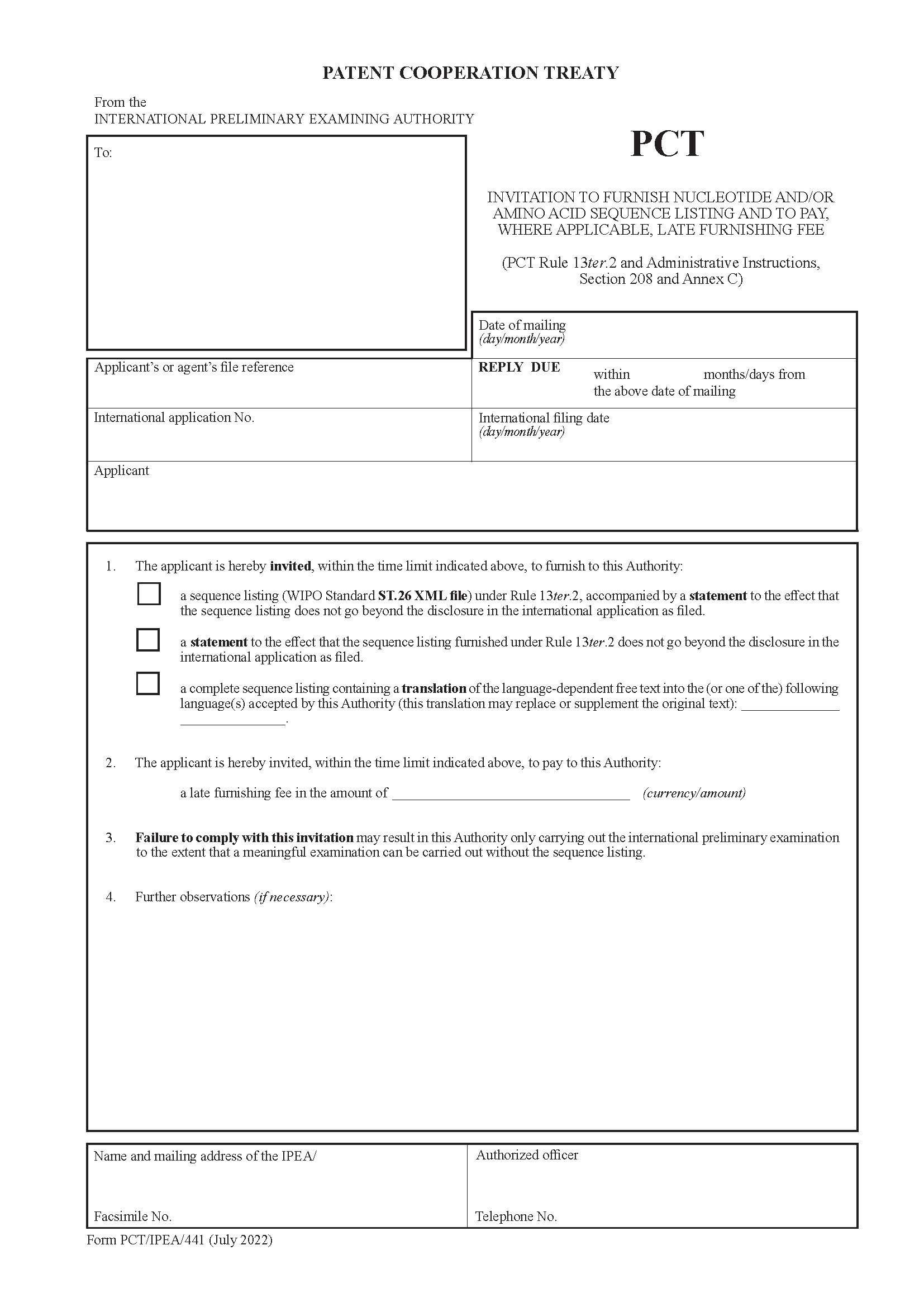 Invitation To Furnish Nucleotide And-Or Amino Acid Sequence Listing And-Or Tables {PCT-IPEA-441} | Pdf Fpdf Docx | Official Federal Forms