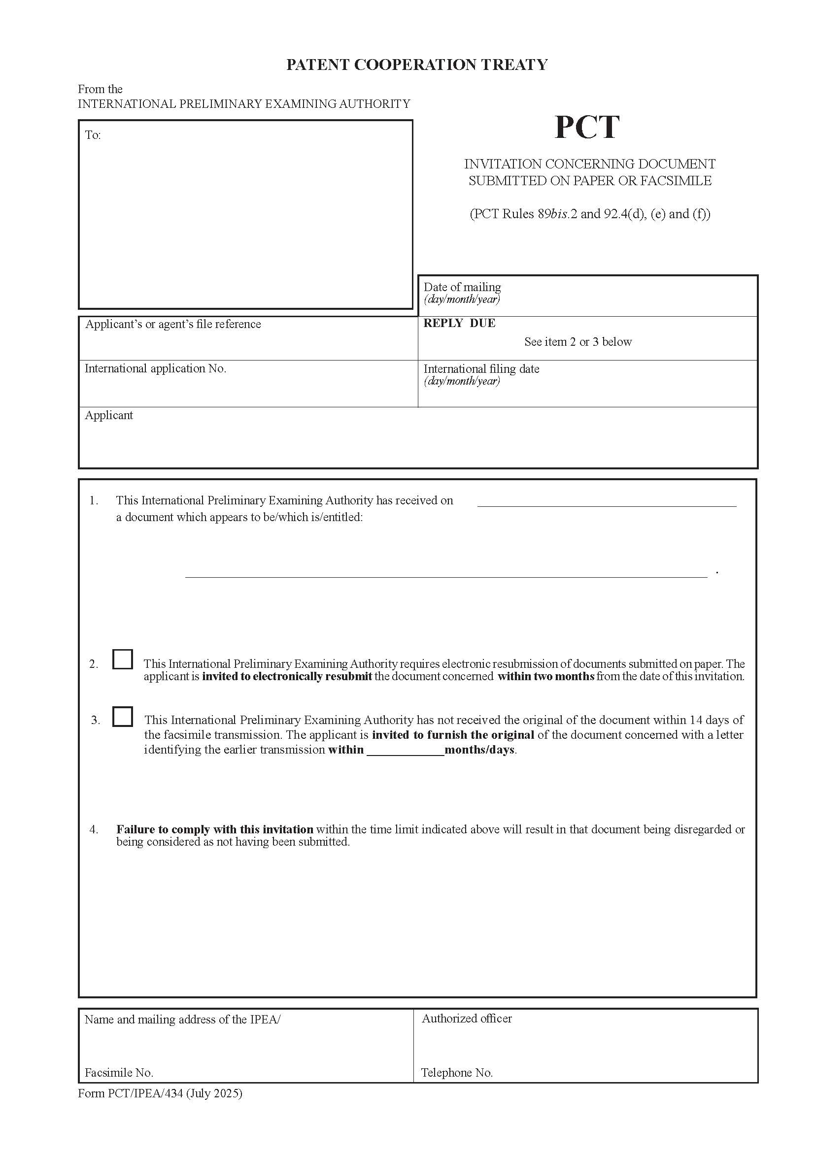Invitation To Furnish Orginal Of Document Transmitted By Telegraph Teleprinter Facsimile Machine {PCT-IPEA-434} | Pdf Fpdf Docx | Official Federal Forms