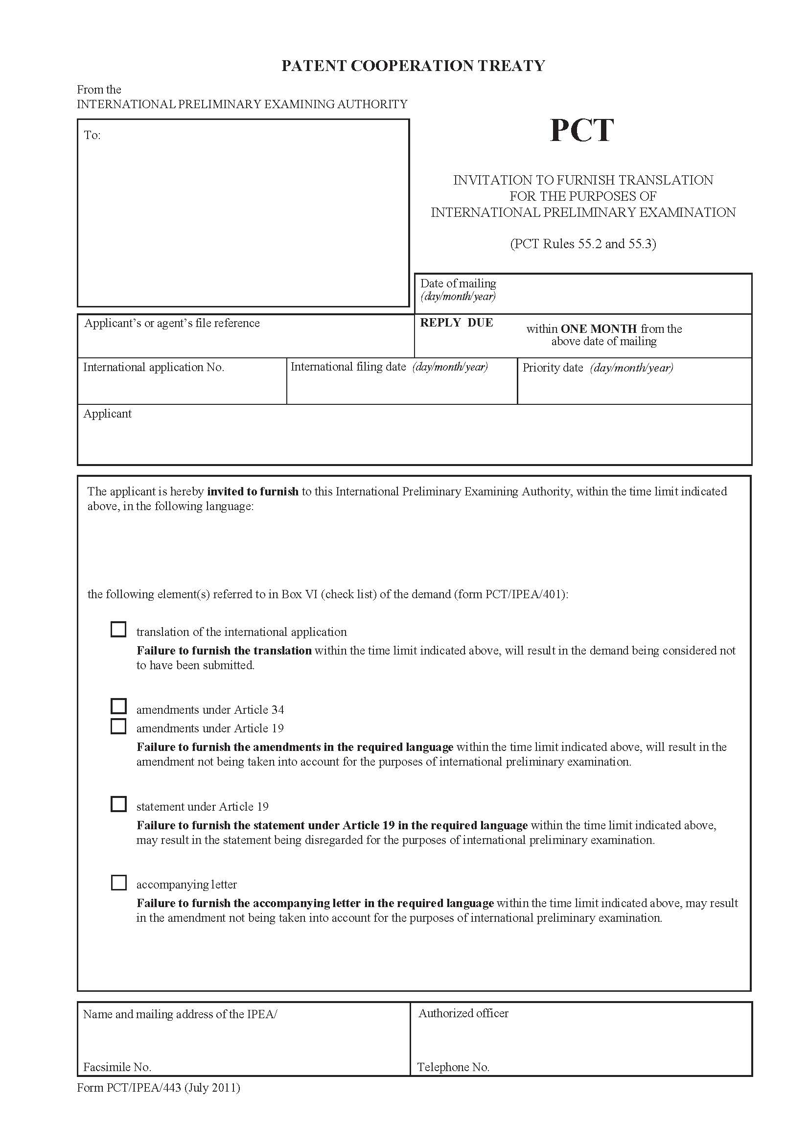 Invitation To Furnish Translation For The Purposes Of International Preliminary {PCT-IPEA-443} | Pdf Fpdf Docx | Official Federal Forms