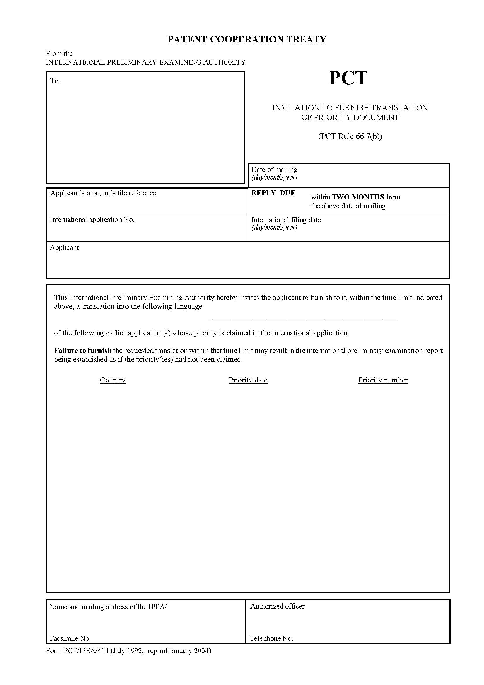 Invitation To Furnish Translation Of Priority Document {PCT-IPEA-414} | Pdf Fpdf Doc Docx | Official Federal Forms