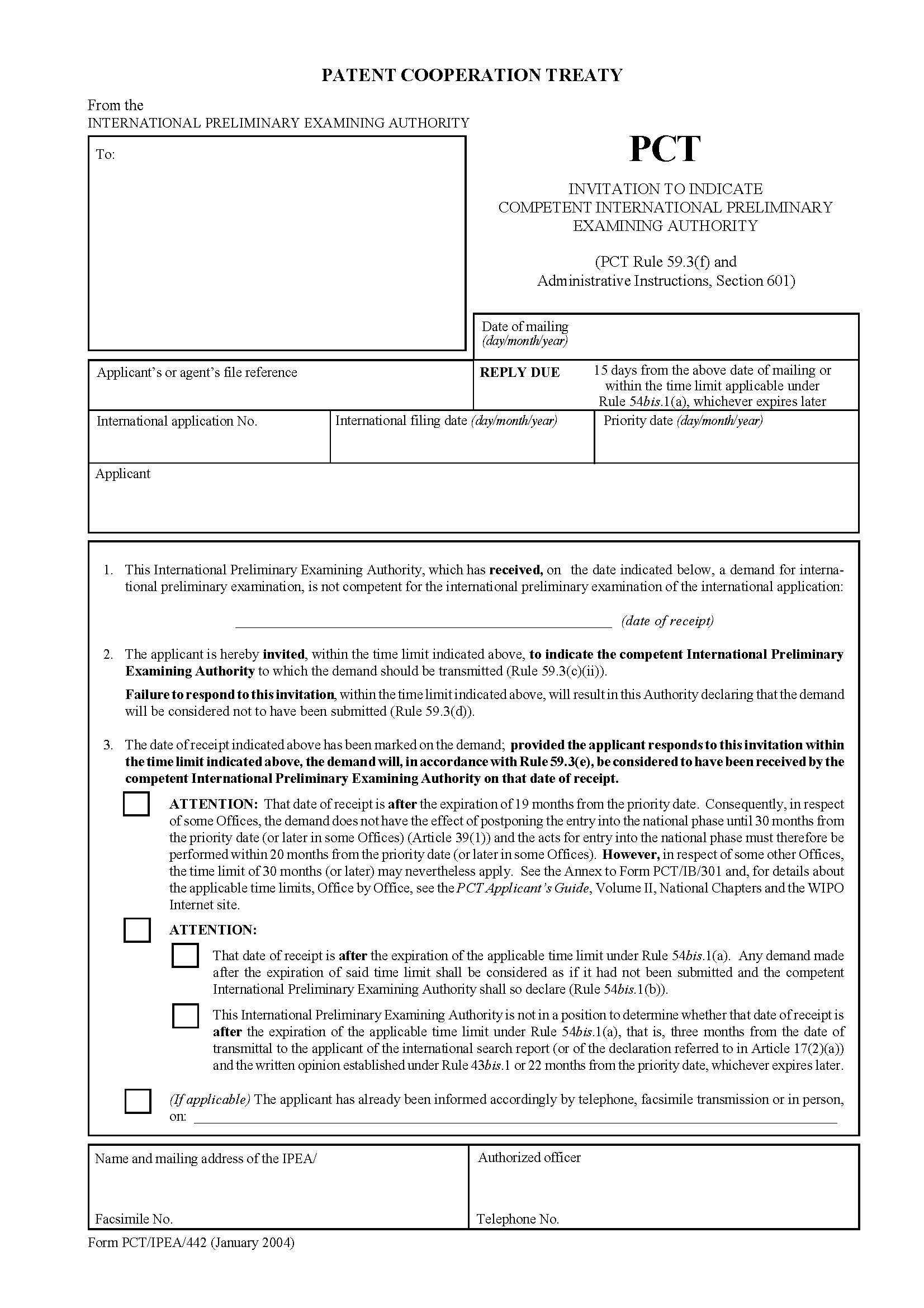 Invitation To Indicate Competent International Preliminary Examing Authority {PCT-IPEA-442} | Pdf Fpdf Docx | Official Federal Forms