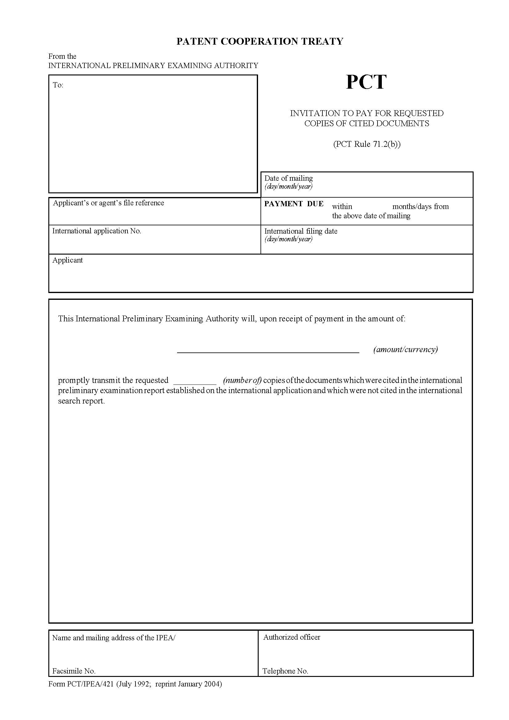 Invitation To Pay For Requested Copies Of Cited Documents {PCT-IPEA-421} | Pdf Fpdf Doc Docx | Official Federal Forms