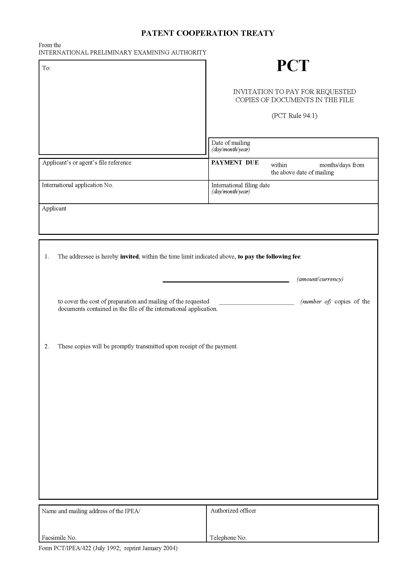 Invitation To Pay For Requested Copies Of Documents In The File {PCT-IPEA-422} | Pdf Fpdf Docx | Official Federal Forms