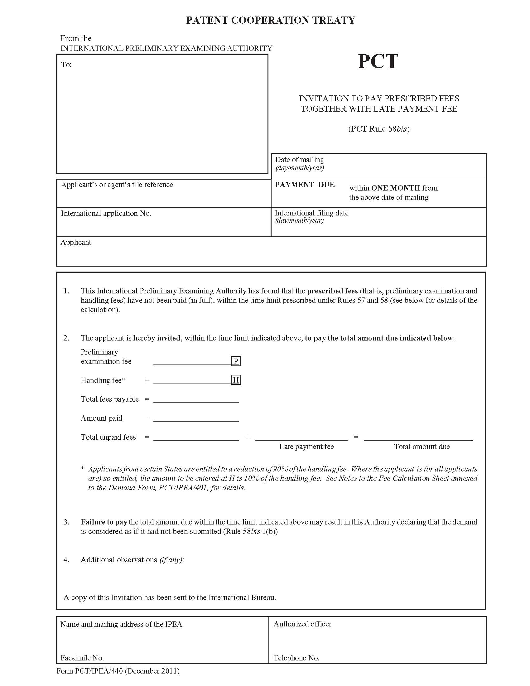 Invitation To Pay Prescribed Fees Together With Late Payment Fee {PCT-IPEA-440} | Pdf Fpdf Docx | Official Federal Forms