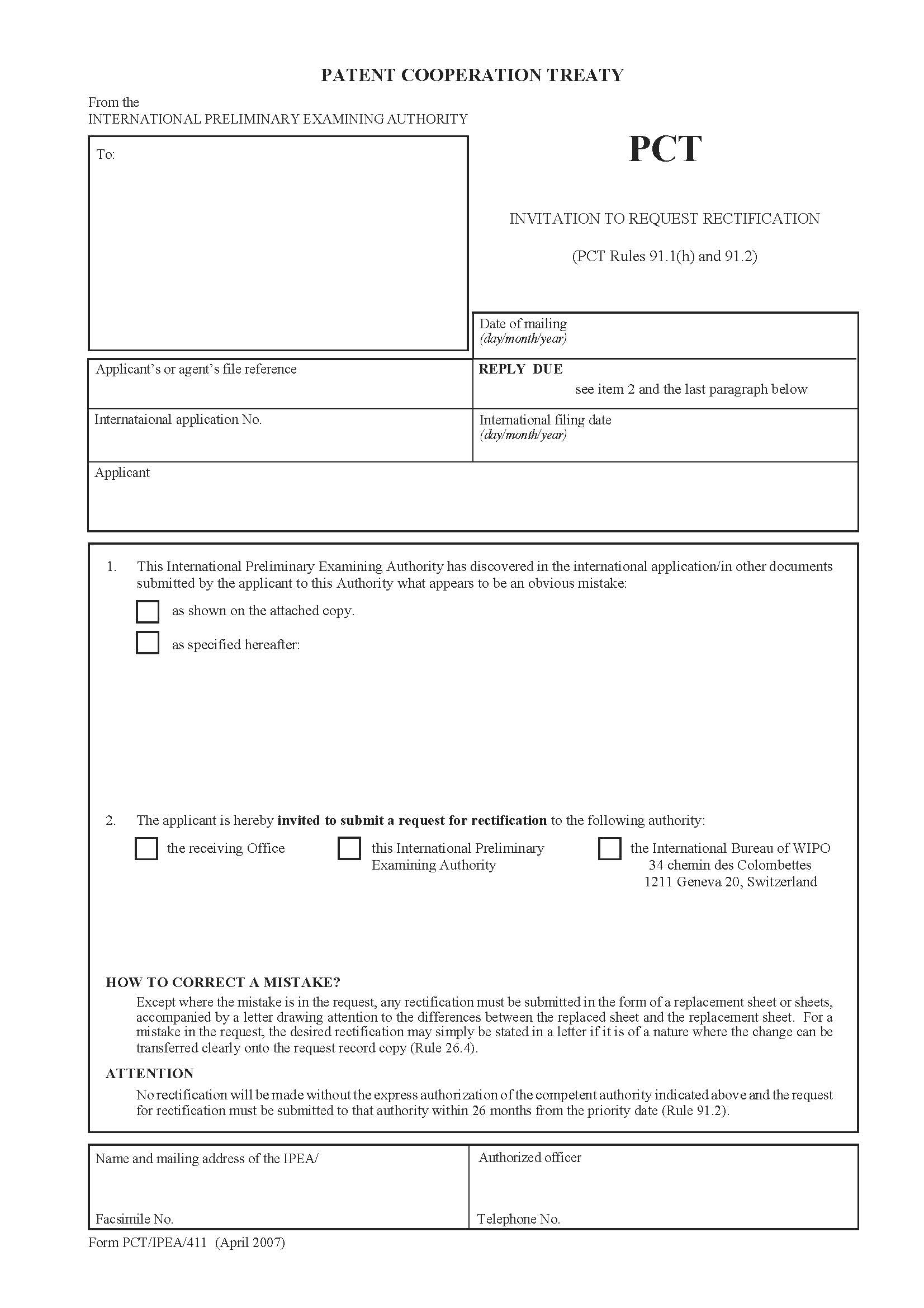 Invitation To Request Rectification {PCT-IPEA-411} | Pdf Fpdf Doc Docx | Official Federal Forms