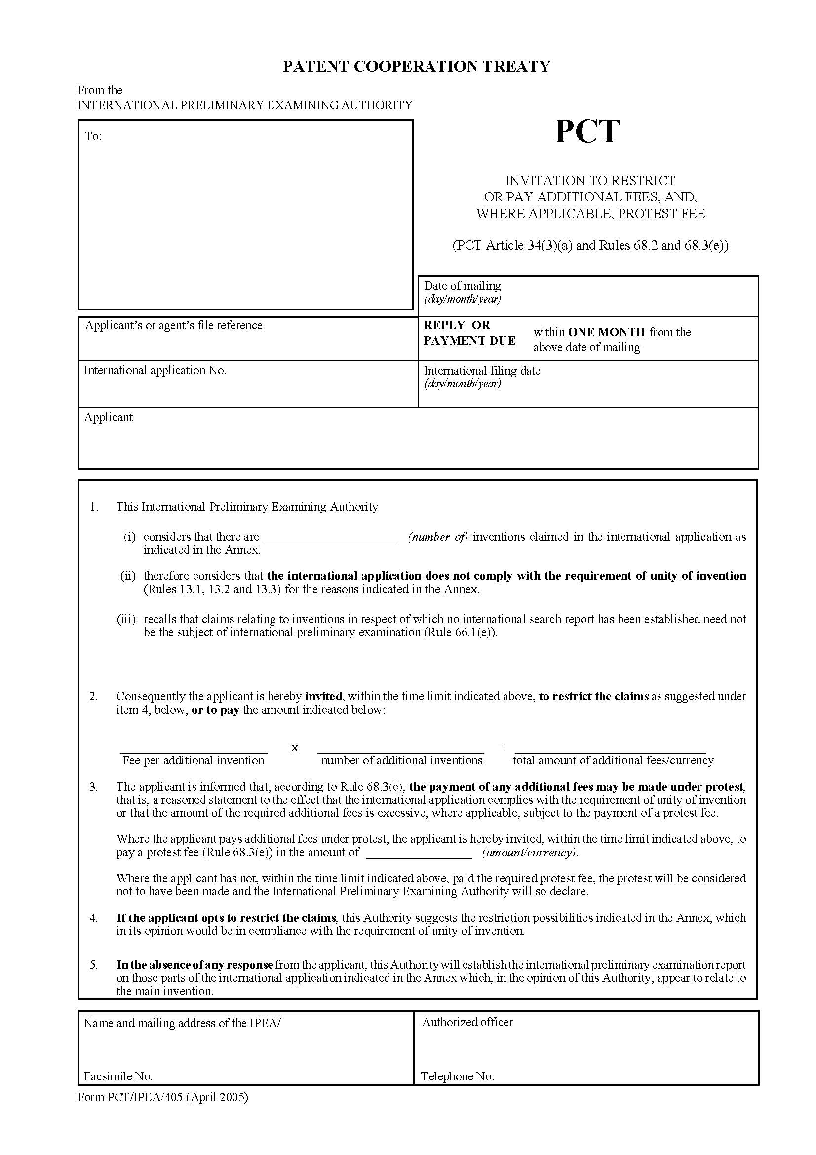 Invitation To Restrict Or Pay Additional Fees {PCT-IPEA-405} | Pdf Fpdf Doc Docx | Official Federal Forms