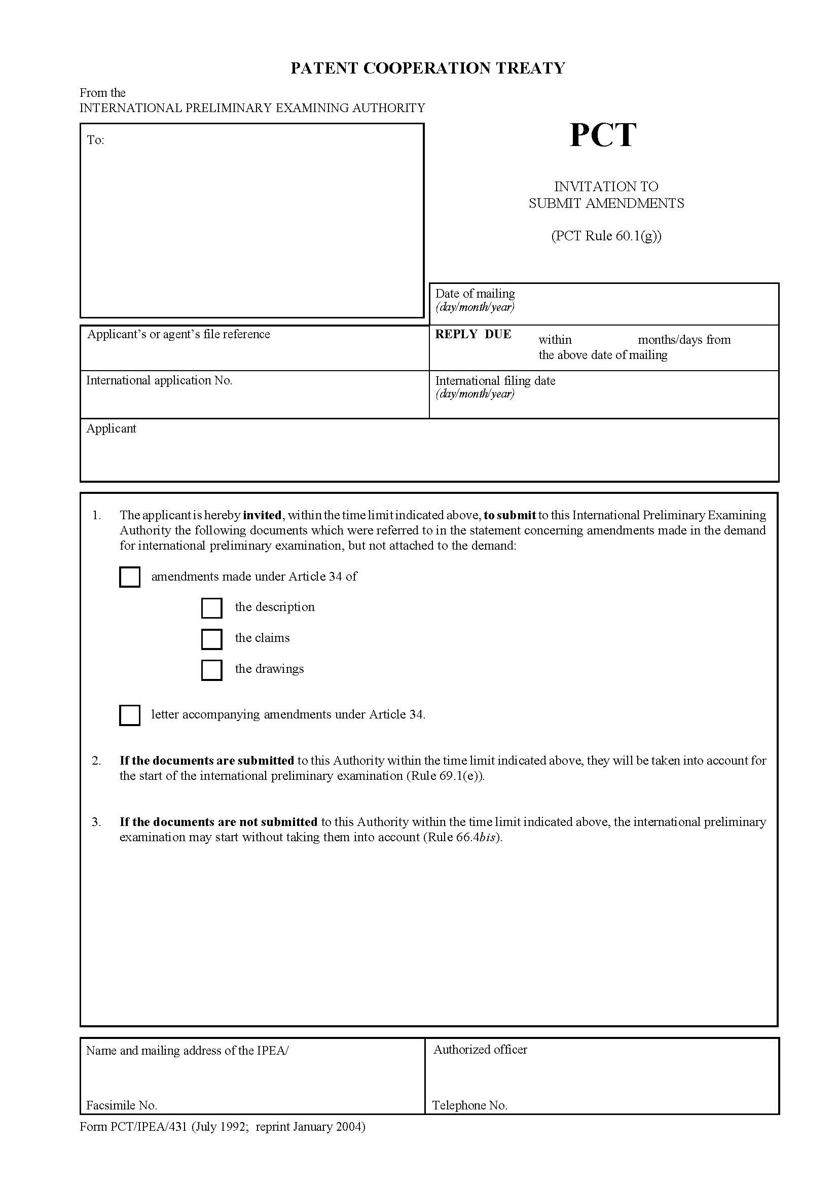 Invitation To Submit Amendments {PCT-IPEA-431} | Pdf Fpdf Doc Docx | Official Federal Forms