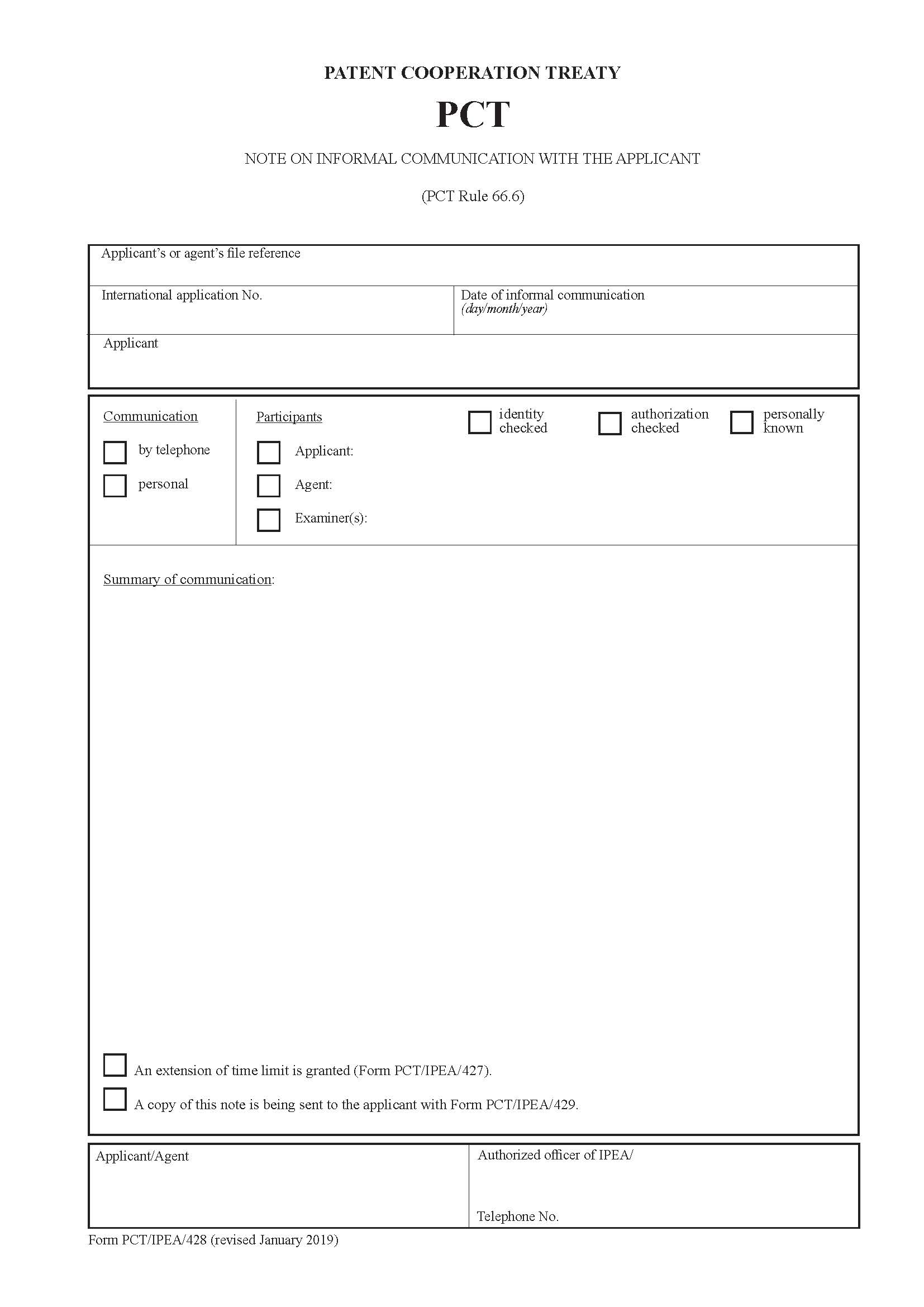 Note On Informal Communication With The Applicant {PCT-IPEA-428} | Pdf Fpdf Doc Docx | Official Federal Forms