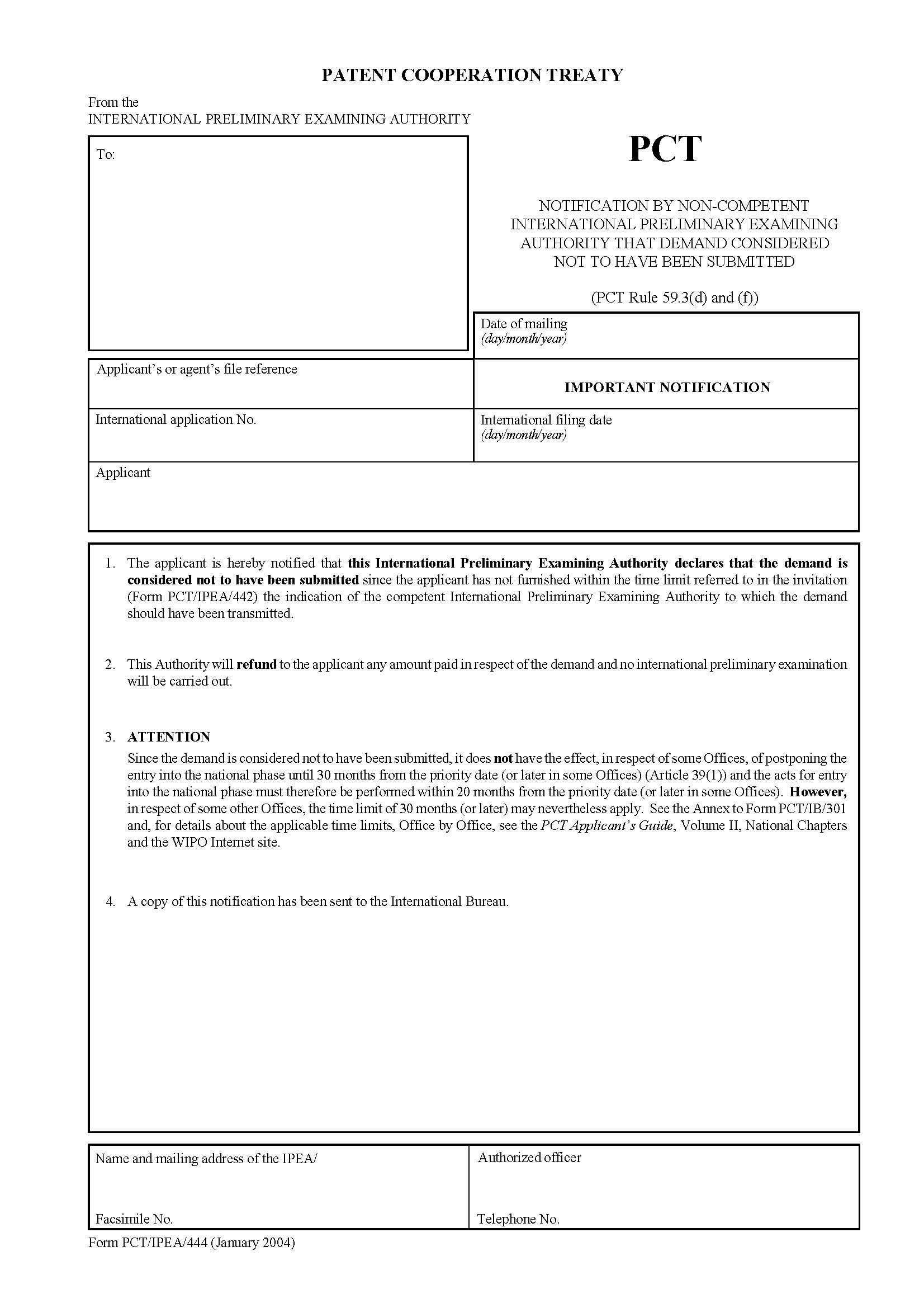Notifcation By Non-Competent International Preliminary Examining Authority {PCT-IPEA-444} | Pdf Fpdf Docx | Official Federal Forms