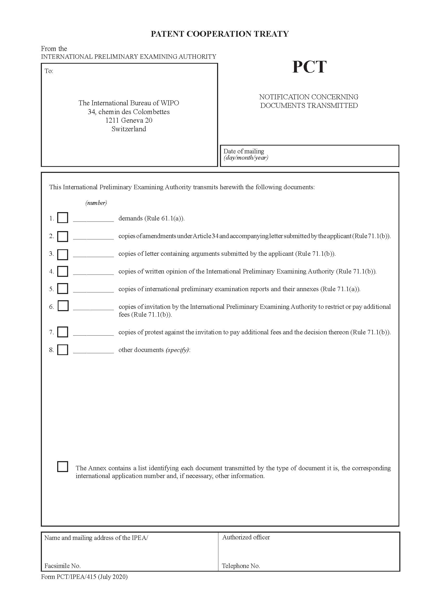 Notification Concerning Documents Transmitted {PCT-IPEA-415} | Pdf Fpdf Docx | Official Federal Forms