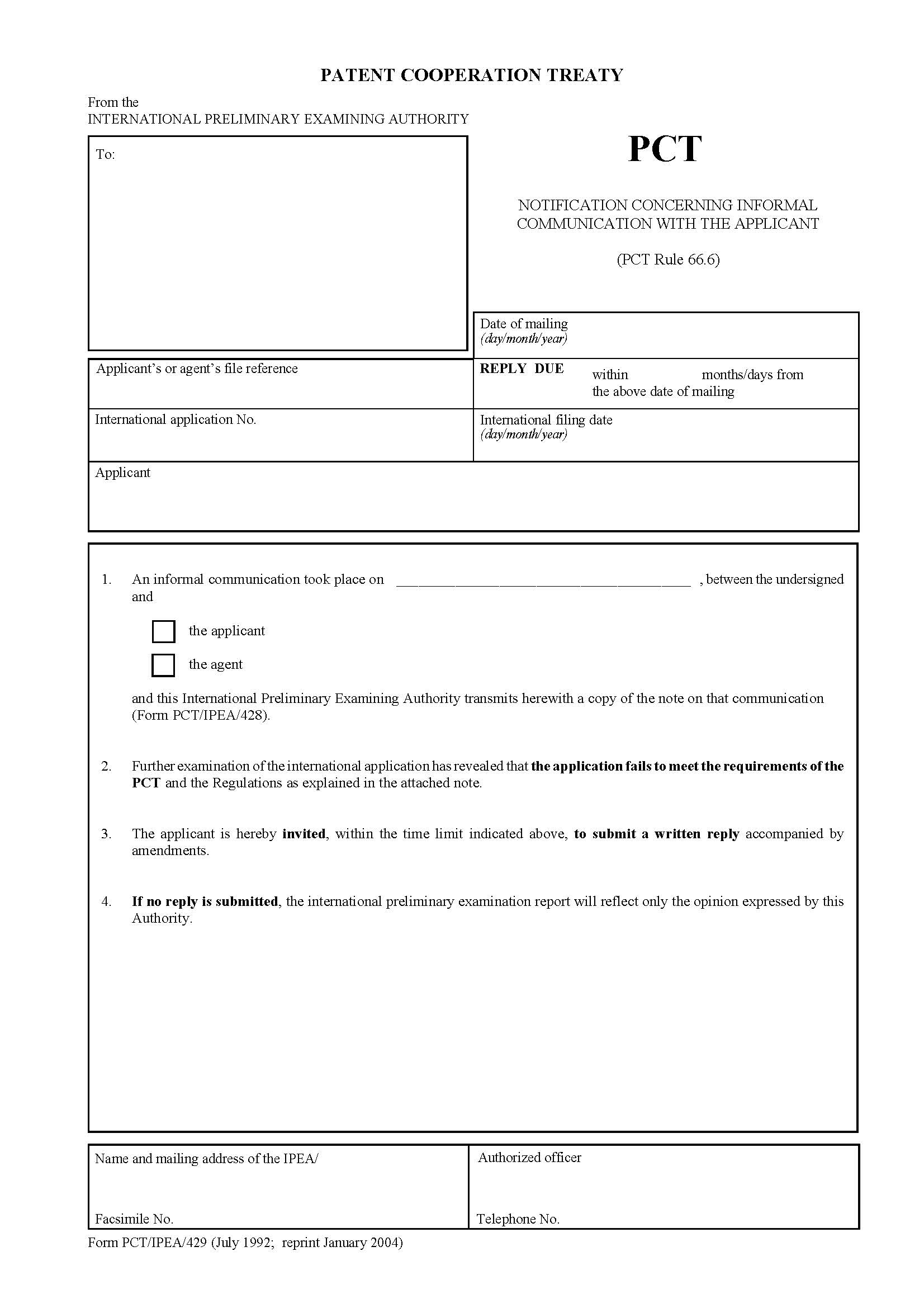 Notification Concerning Informal Communication With The Applicant {PCT-IPEA-429} | Pdf Fpdf Doc Docx | Official Federal Forms