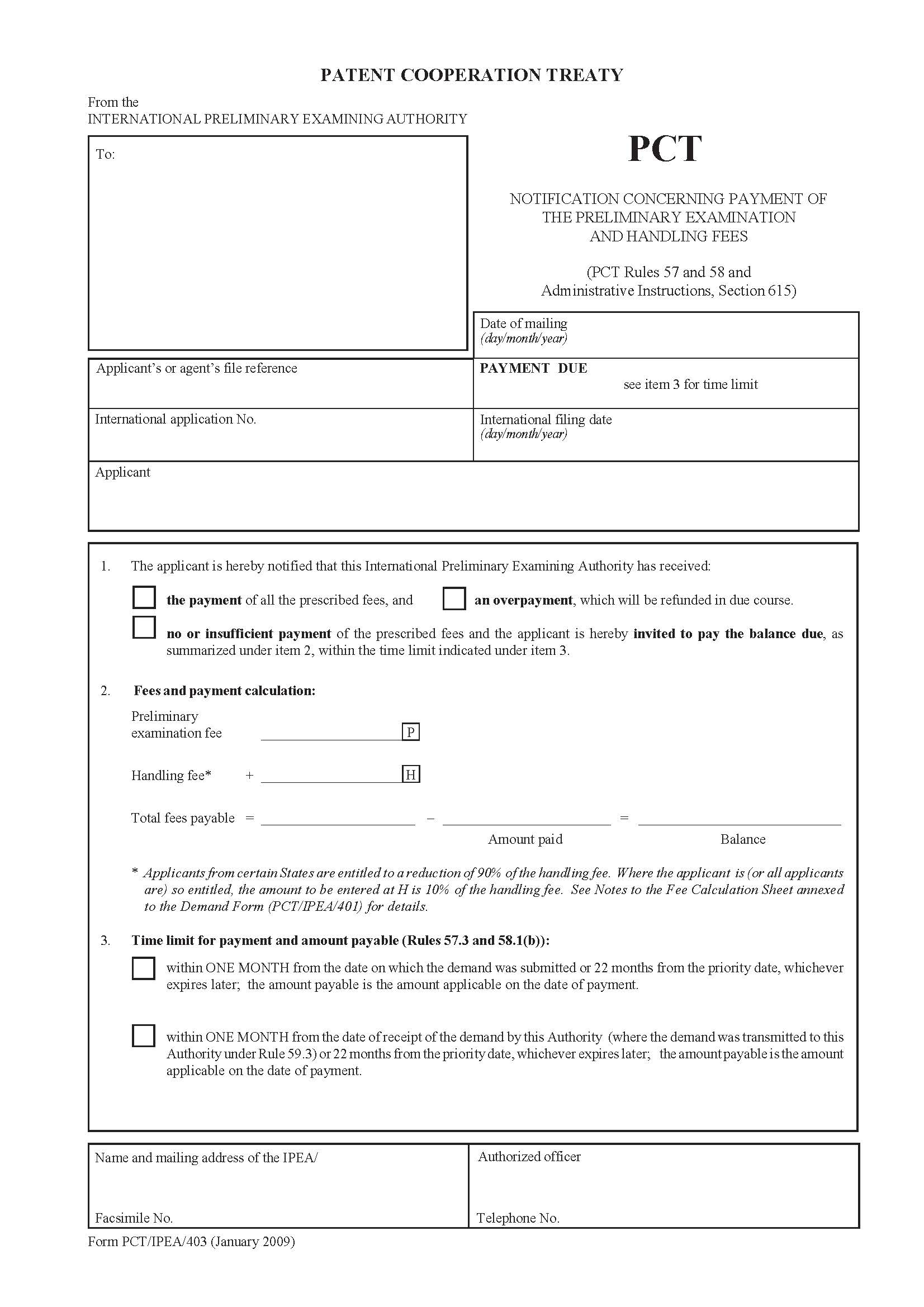 Notification Concerning Payment Of The Preliminary Examination And Handling Fees {PCT-IPEA-403} | Pdf Fpdf Doc Docx | Official Federal Forms