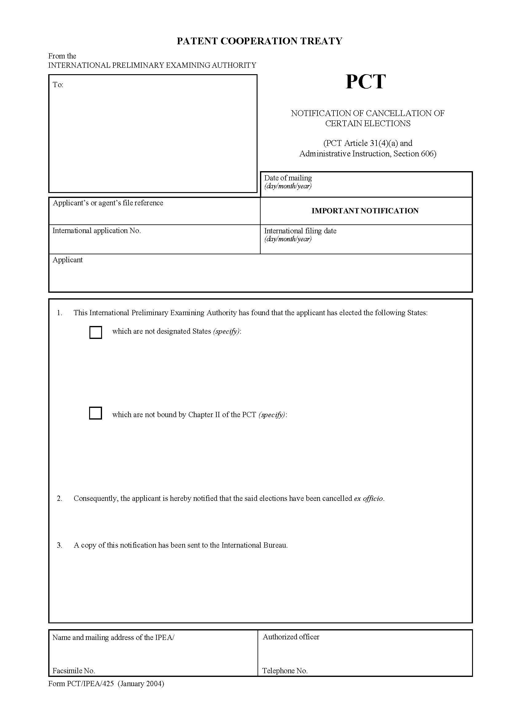 Notification Of Cancellation Of Certain Elections {PCT-IPEA-425} | Pdf Fpdf Docx | Official Federal Forms