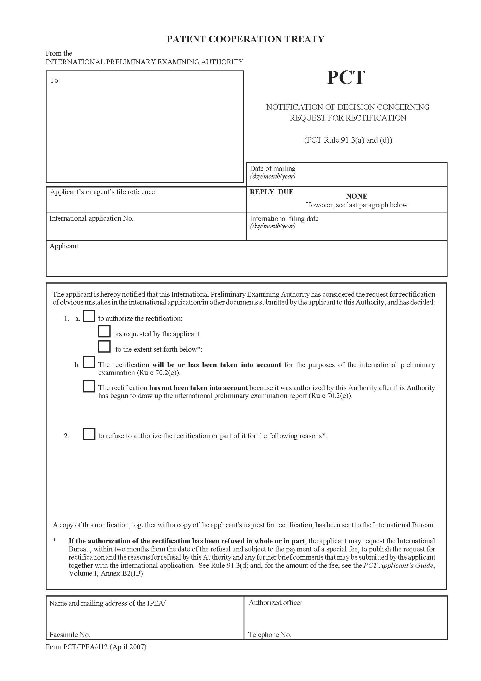 Notification Of Decision Concerning Request For Rectification {PCT-IPEA-412} | Pdf Fpdf Docx | Official Federal Forms