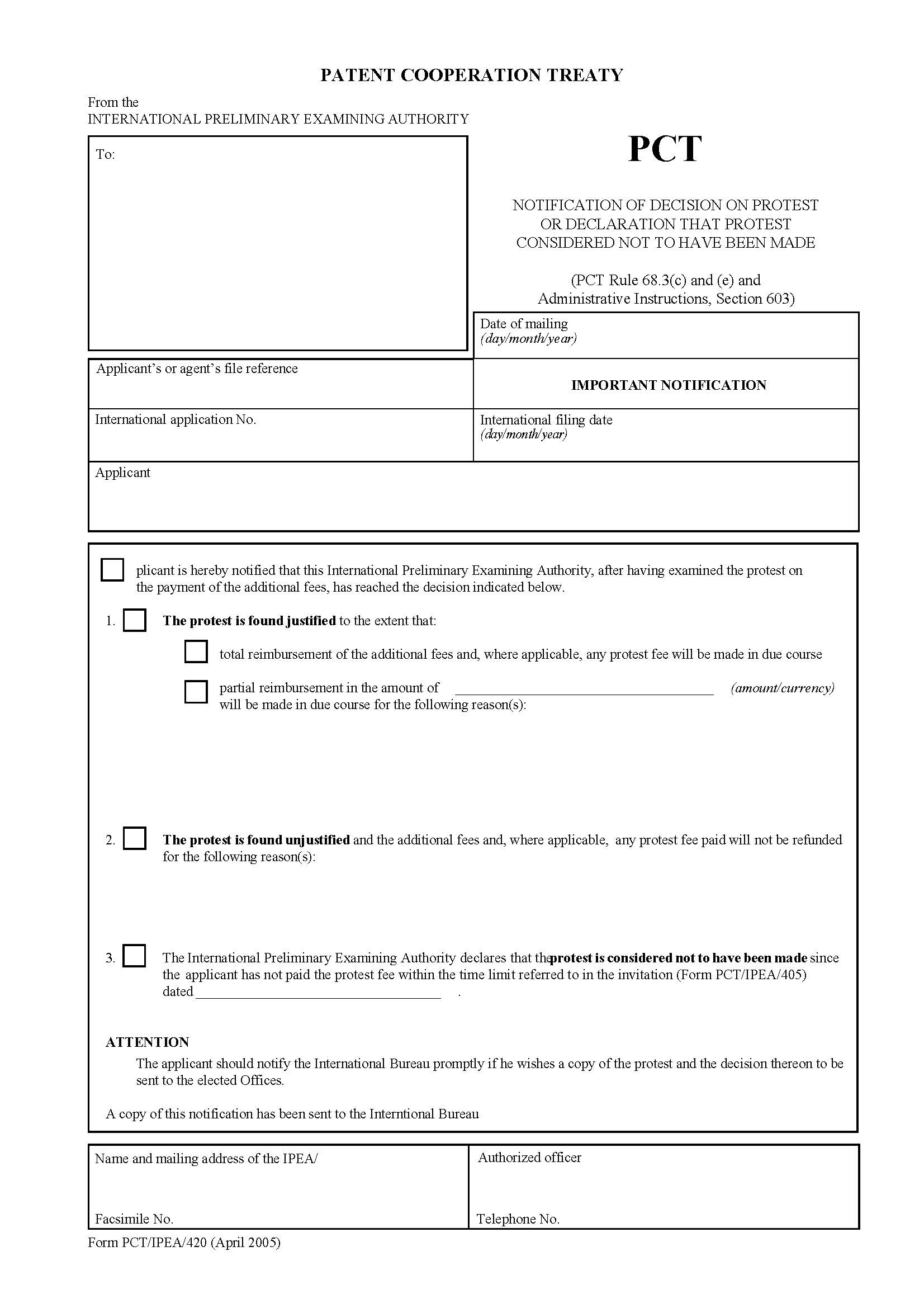 Notification Of Decision On Protest {PCT-IPEA-420} | Pdf Fpdf Docx | Official Federal Forms