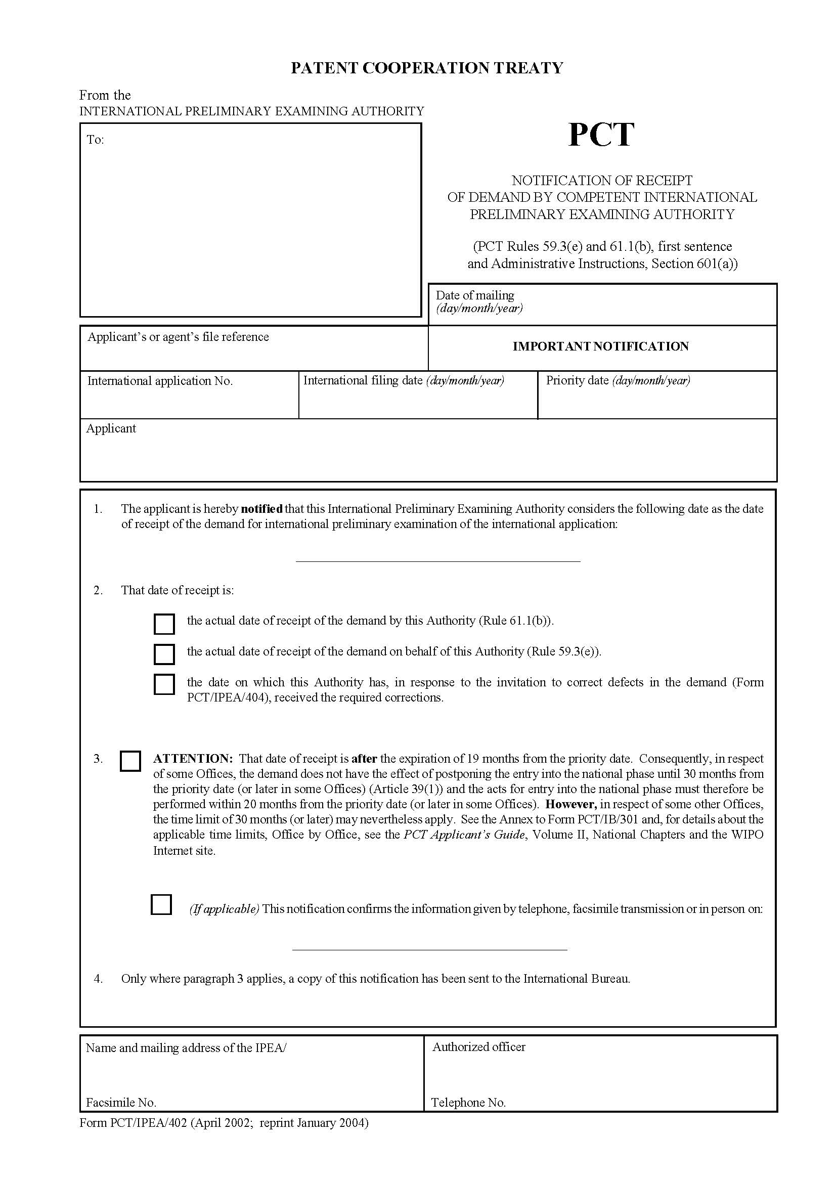 Notification Of Receipt Of Demand By Competent International Preliminary Examining Authority {PCT-IPEA-402} | Pdf Fpdf Docx | Official Federal Forms