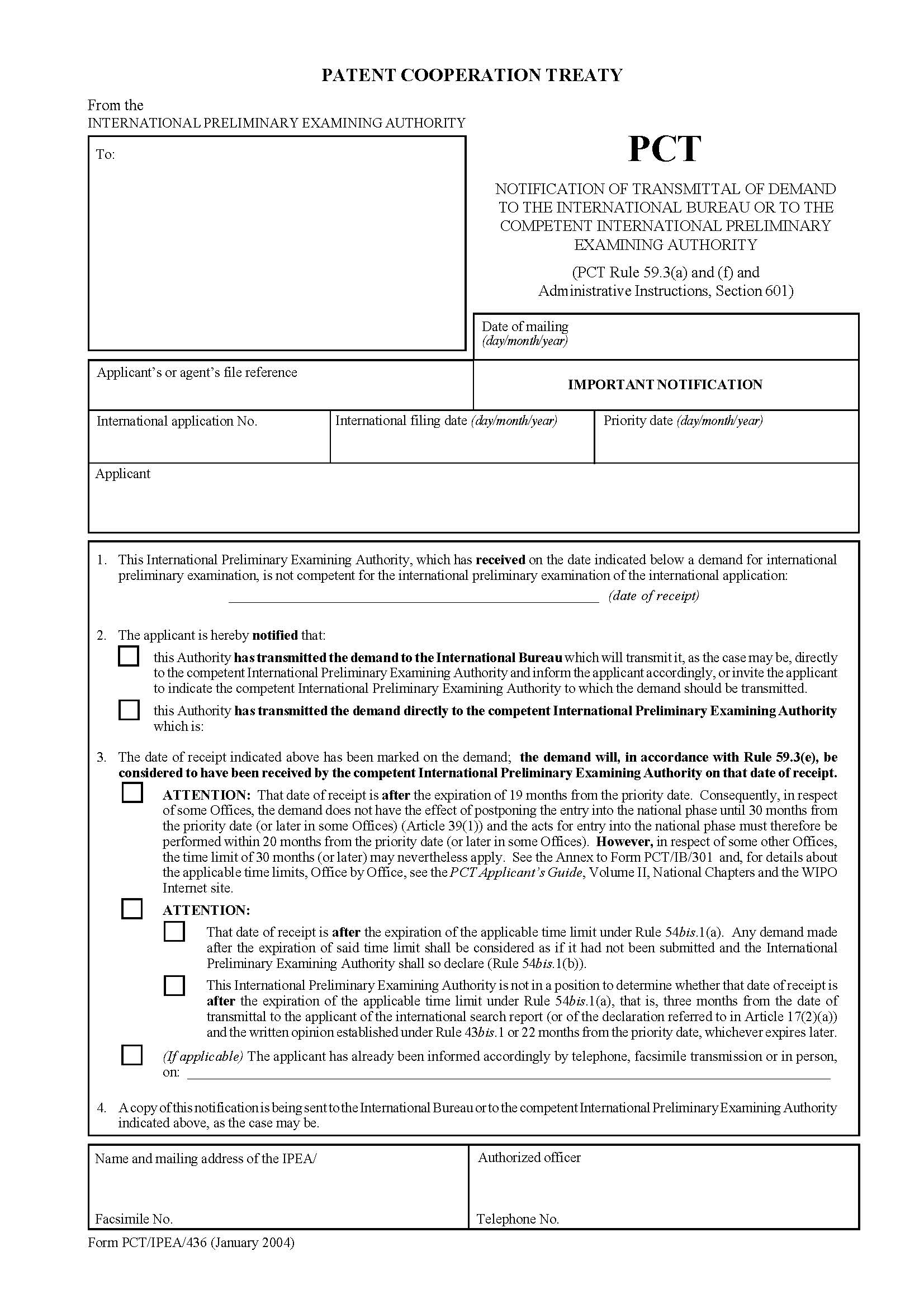 Notification Of Transmittal Of Demand To The International Bureau {PCT-IPEA-436} | Pdf Fpdf Docx | Official Federal Forms
