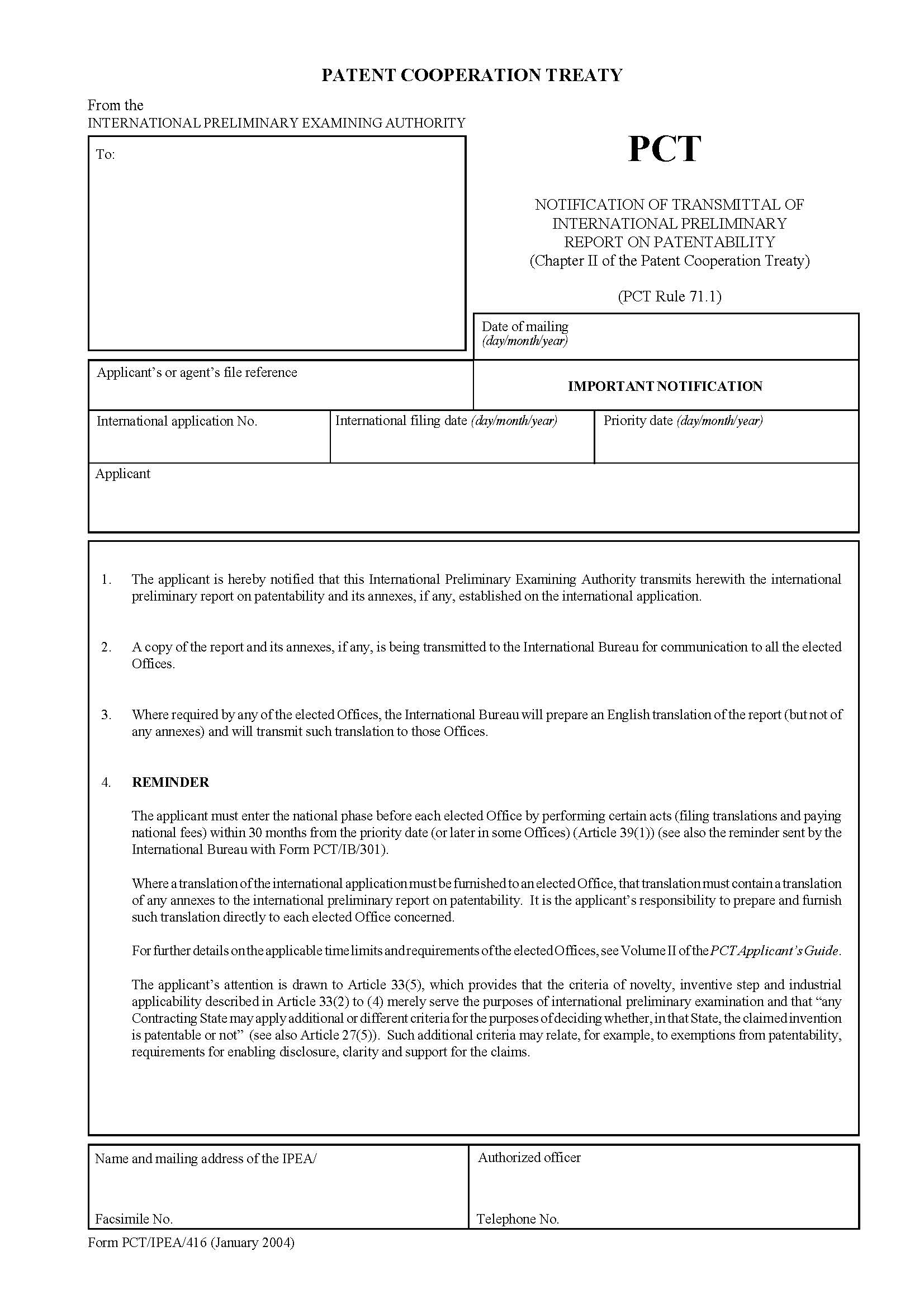 Notification Of Transmittal Of International Preliminary Report On Patentability {PCT-IPEA-416} | Pdf Fpdf Doc Docx | Official Federal Forms