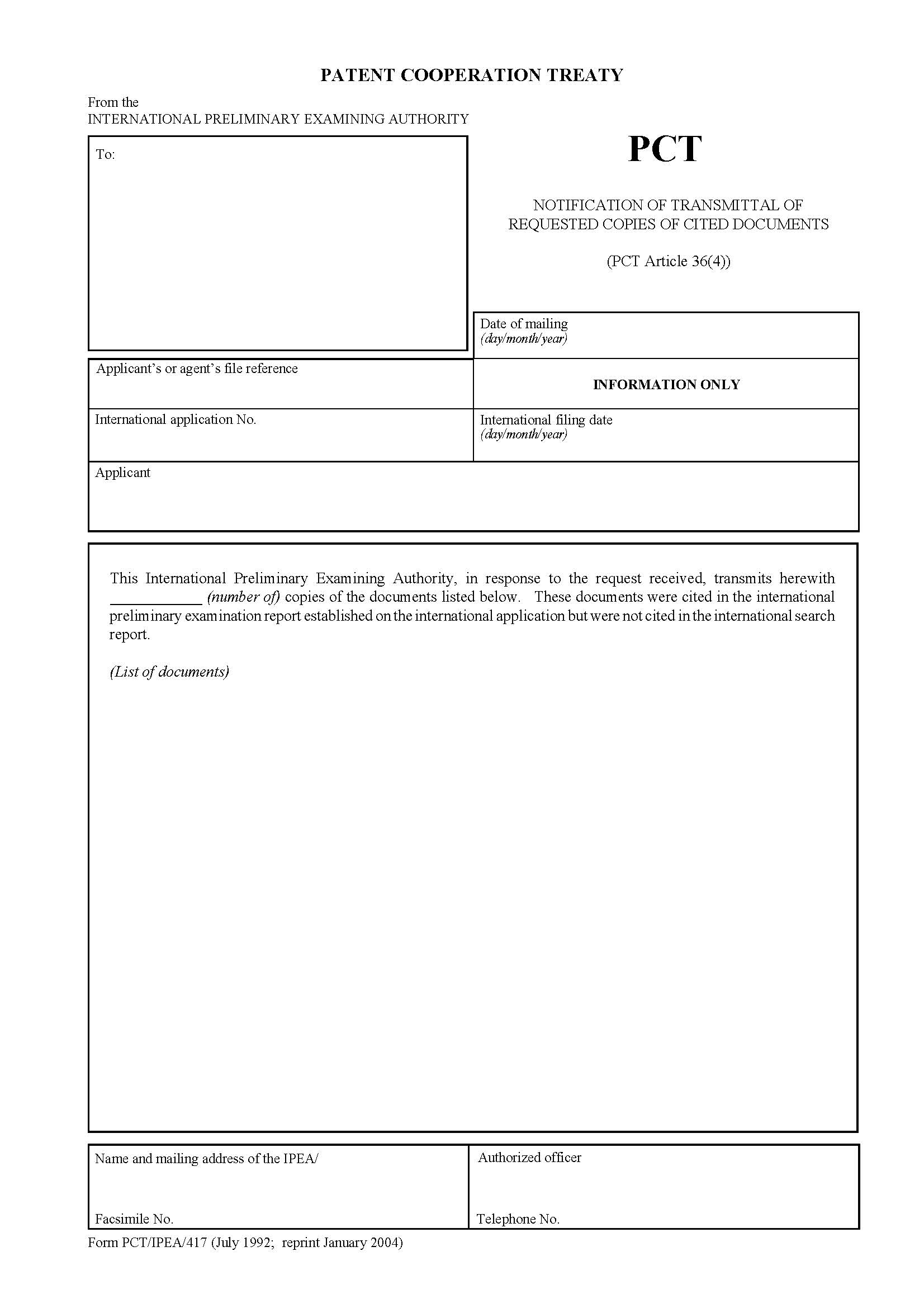 Notification Of Transmittal Of Requested Copies Of Cited Documents {PCT-IPEA-417} | Pdf Fpdf Doc Docx | Official Federal Forms