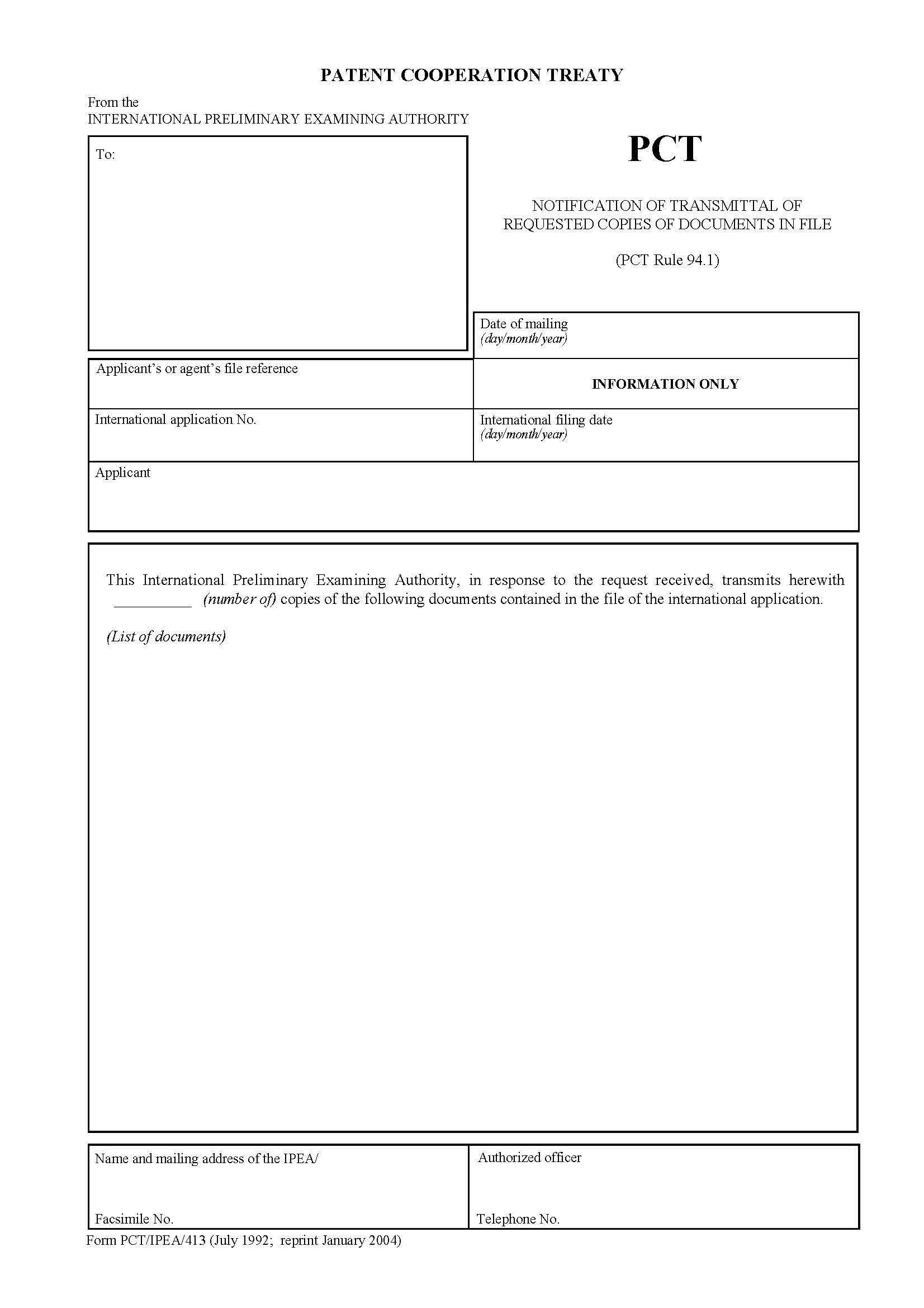 Notification Of Transmittal Of Requested Copies Of Documents In File {PCT-IPEA-413} | Pdf Fpdf Docx | Official Federal Forms