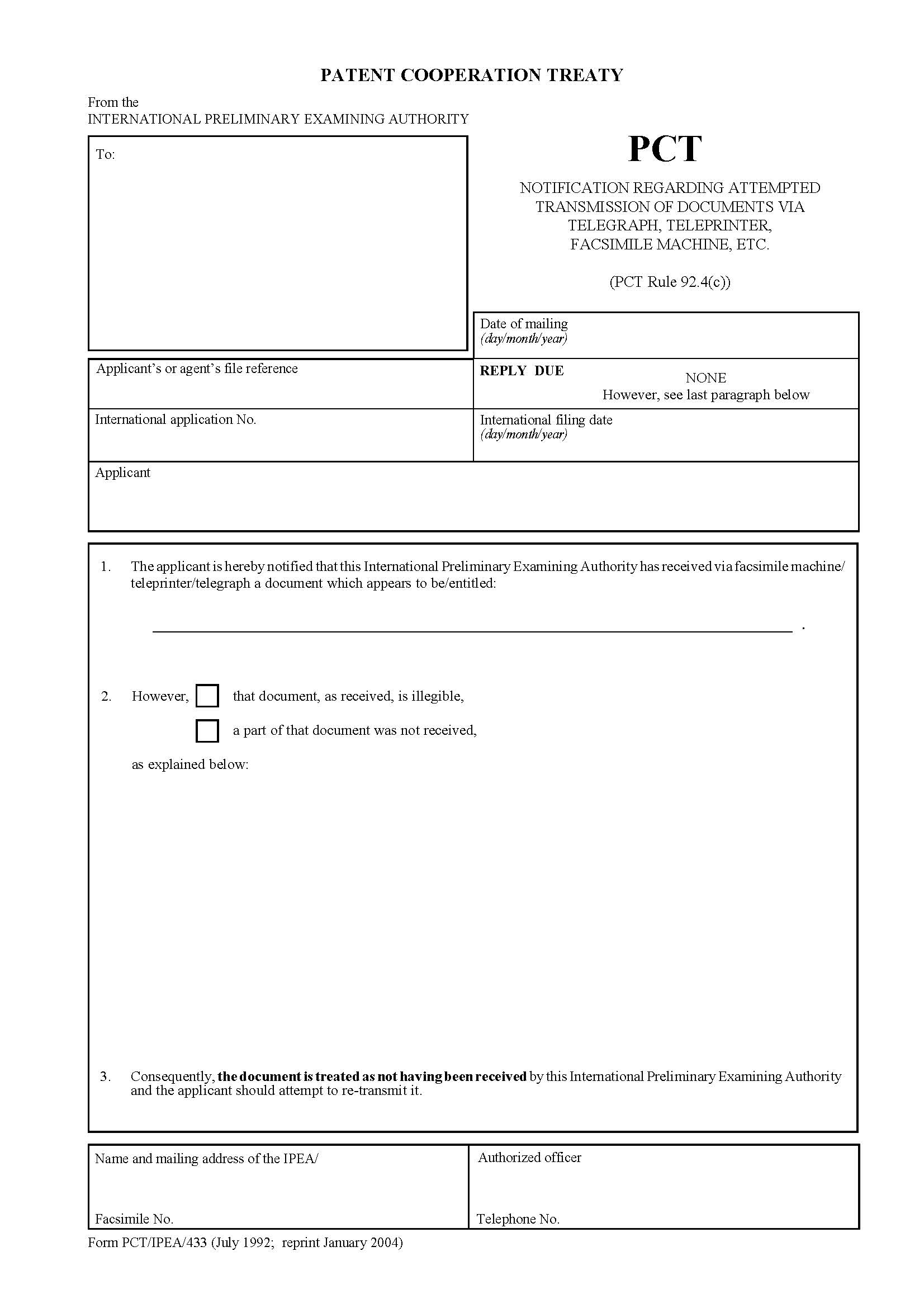 Notification Regarding Attempted Transmission Of Documents Via Telegraph {PCT-IPEA-433} | Pdf Fpdf Docx | Official Federal Forms