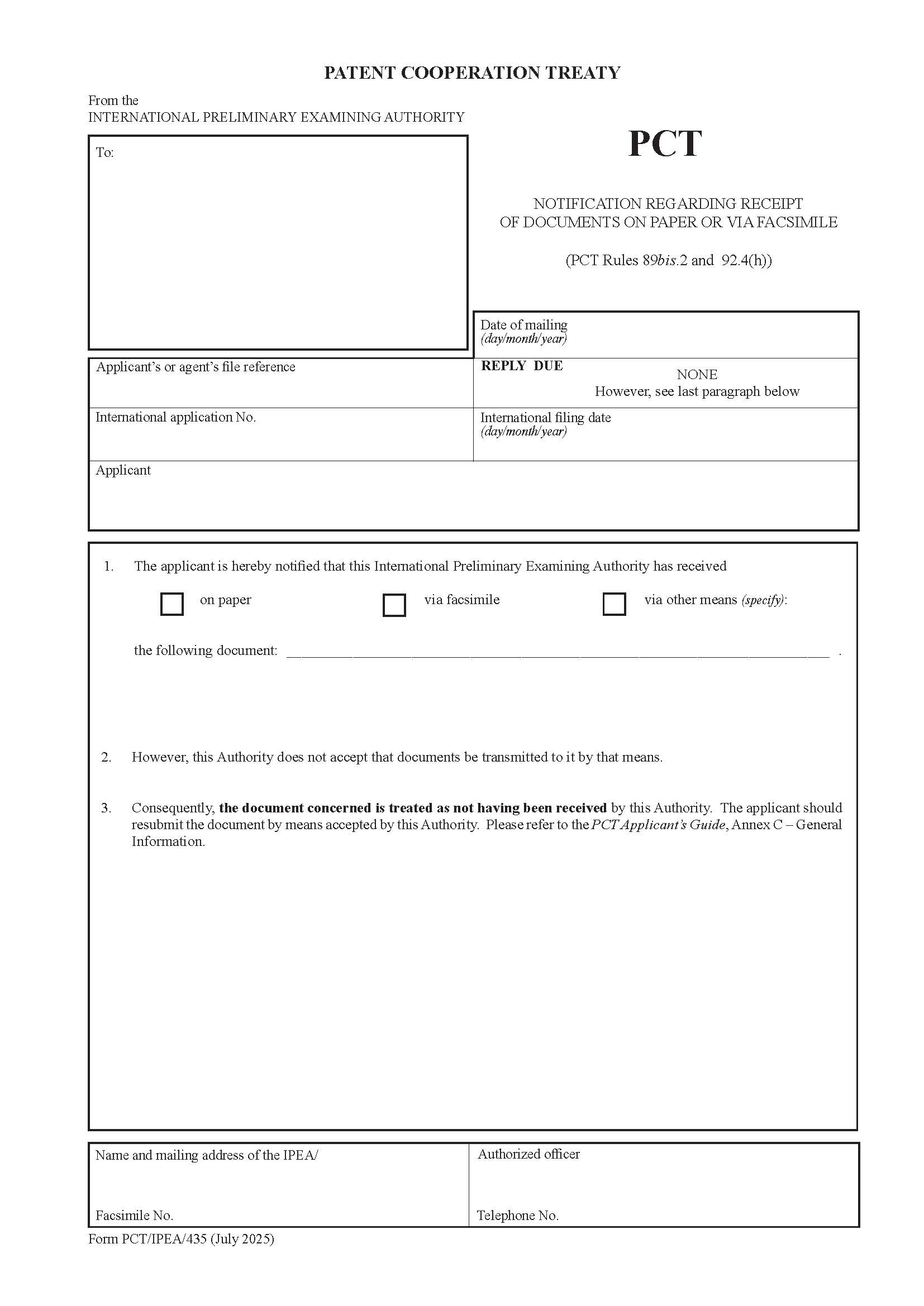 Notification Regarding Receipt Of Documents Via Telegraph Teleprinter Facsimile Machine {PCT-IPEA-435} | Pdf Fpdf Docx | Official Federal Forms