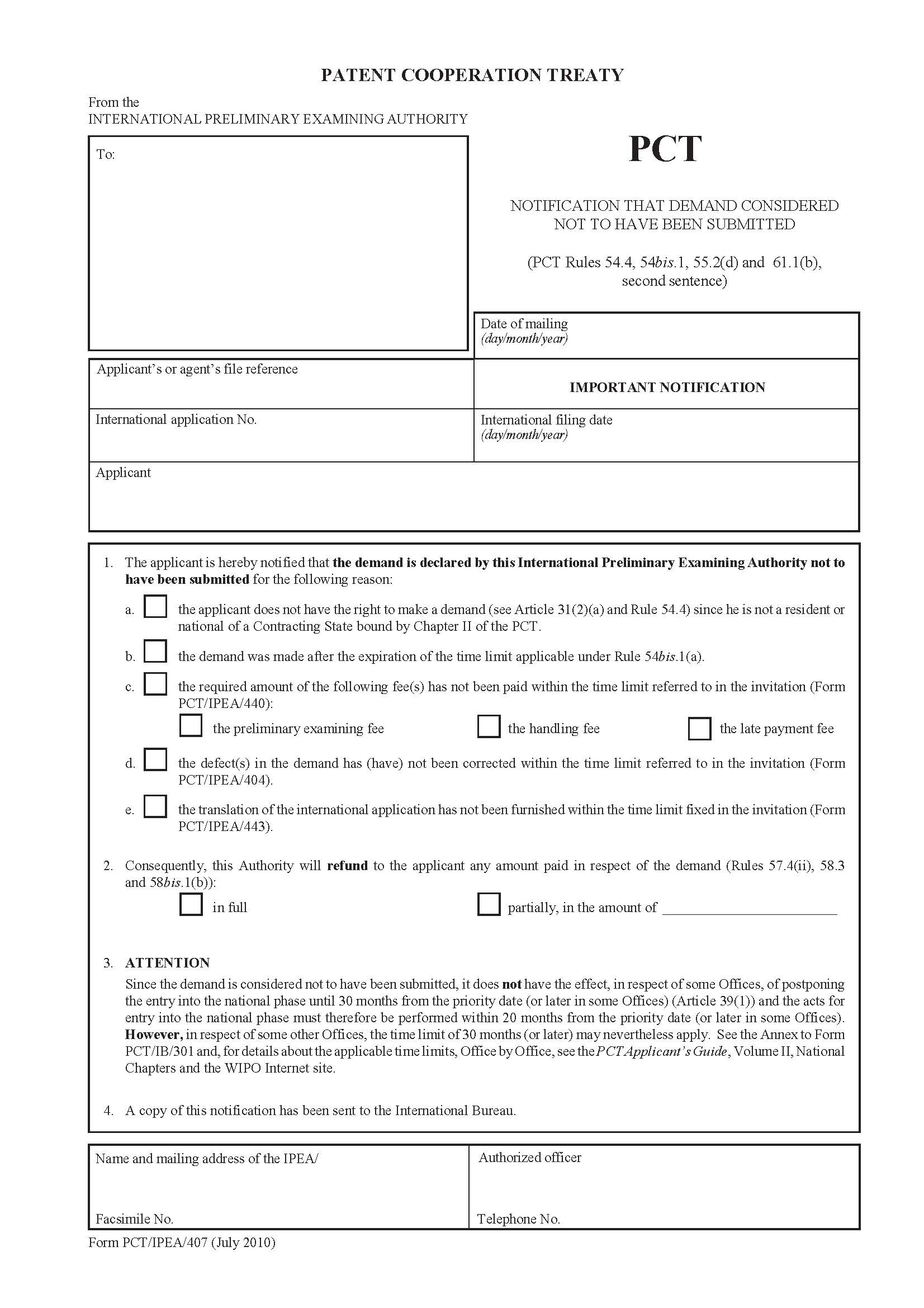 Notification That Demand Considered Not To Have Been Submitted {PCT-IPEA-407} | Pdf Fpdf Docx | Official Federal Forms
