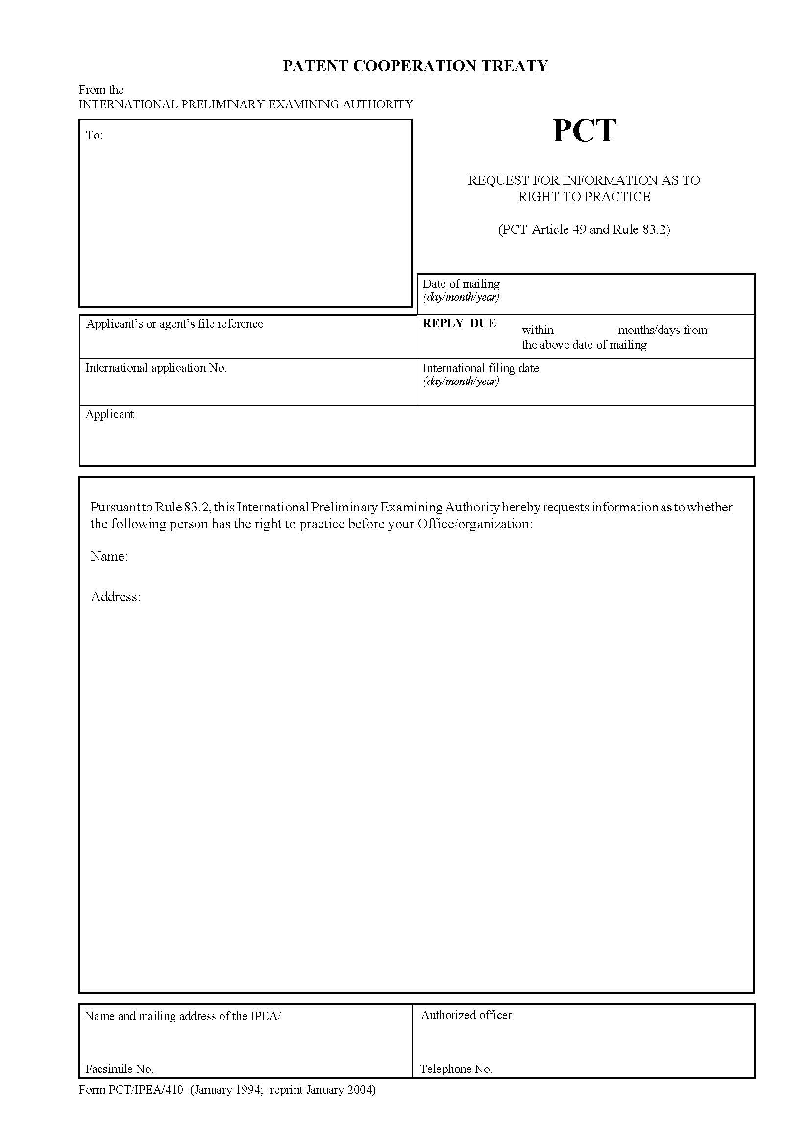 Request For Information As To Right To Practice {PCT-IPEA-410} | Pdf Fpdf Doc Docx | Official Federal Forms