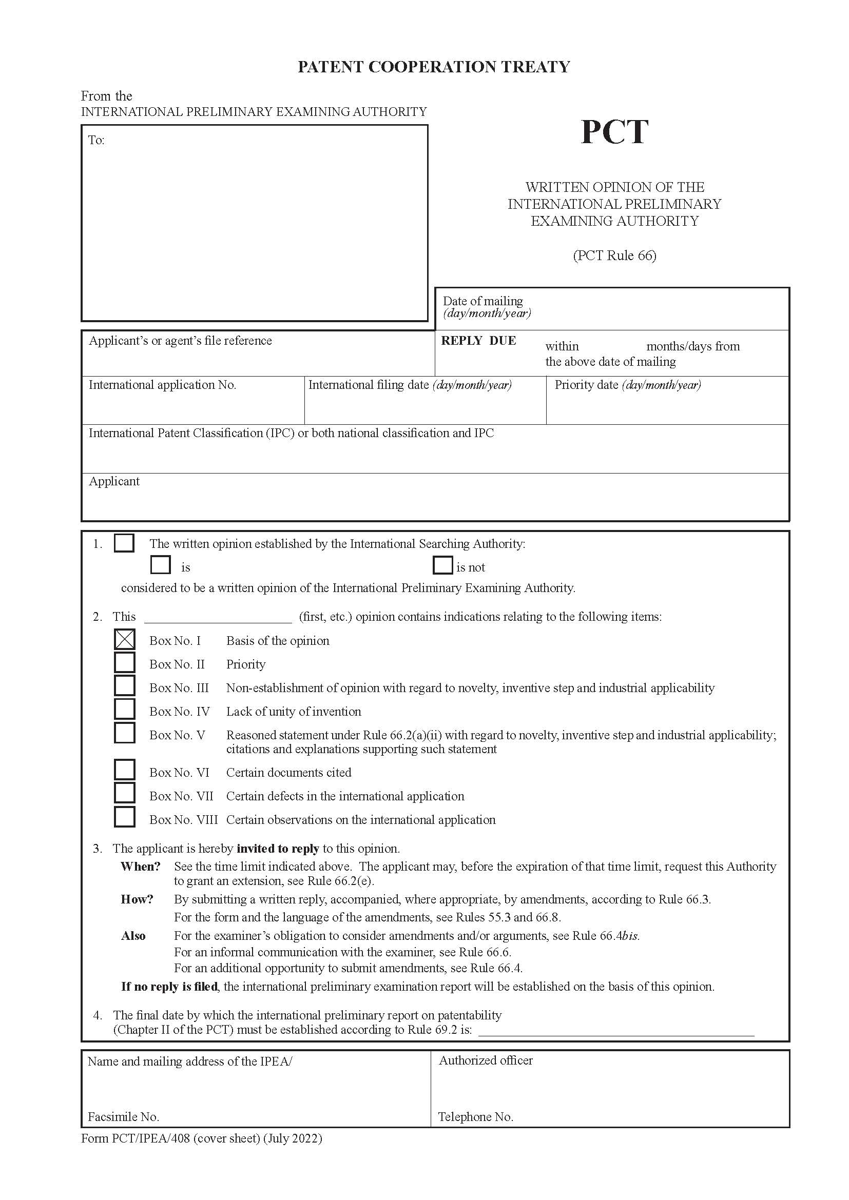 Written Opinion Of The International Preliminary Examination Authority {PCT-IPEA-408} | Pdf Fpdf Doc Docx | Official Federal Forms