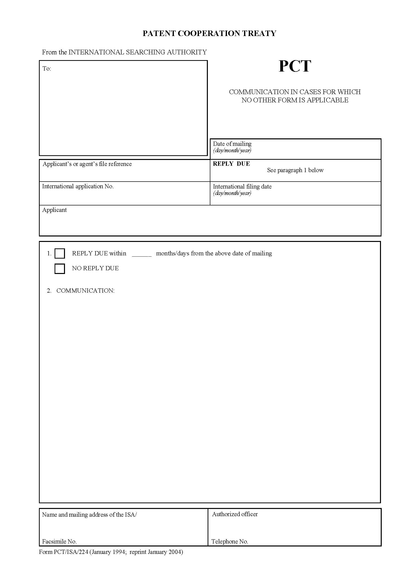 Communication In Cases For Which No Other Form Is Applicable {PCT-ISA-224} | Pdf Fpdf Doc Docx | Official Federal Forms