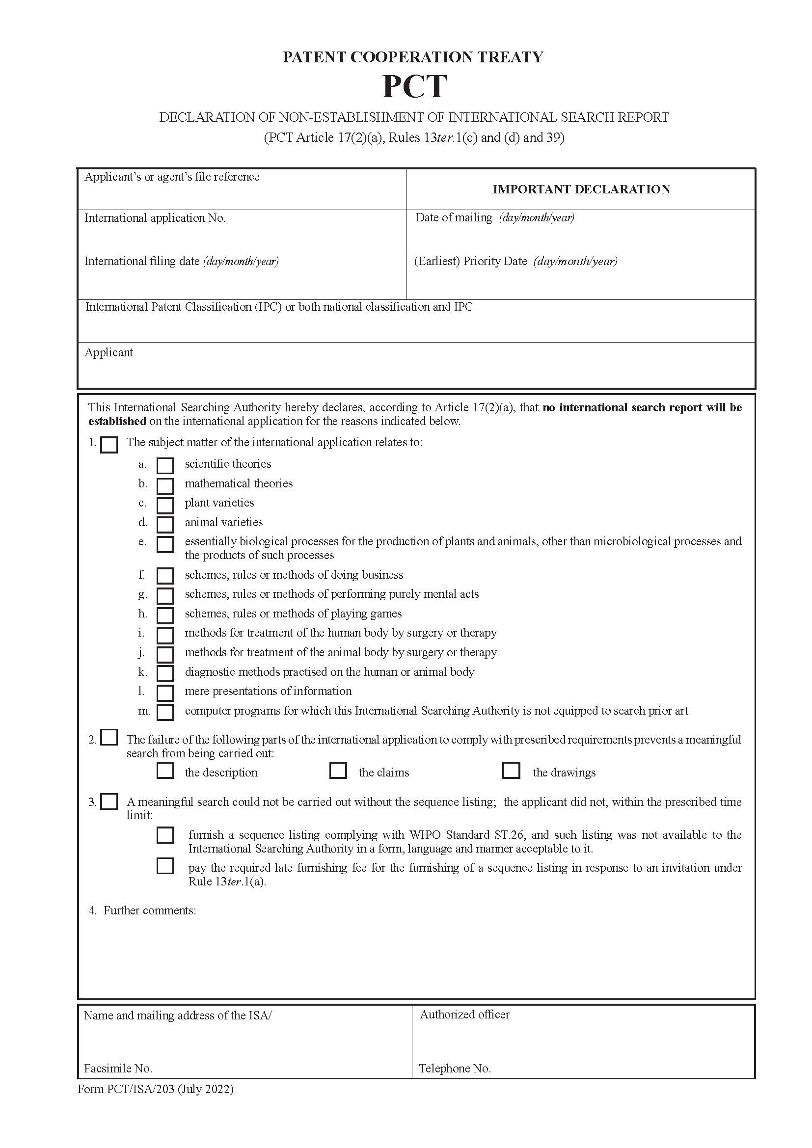 Declaration Of Non-Establishment Of International Search Report {PCT-ISA-203} | Pdf Fpdf Docx | Official Federal Forms