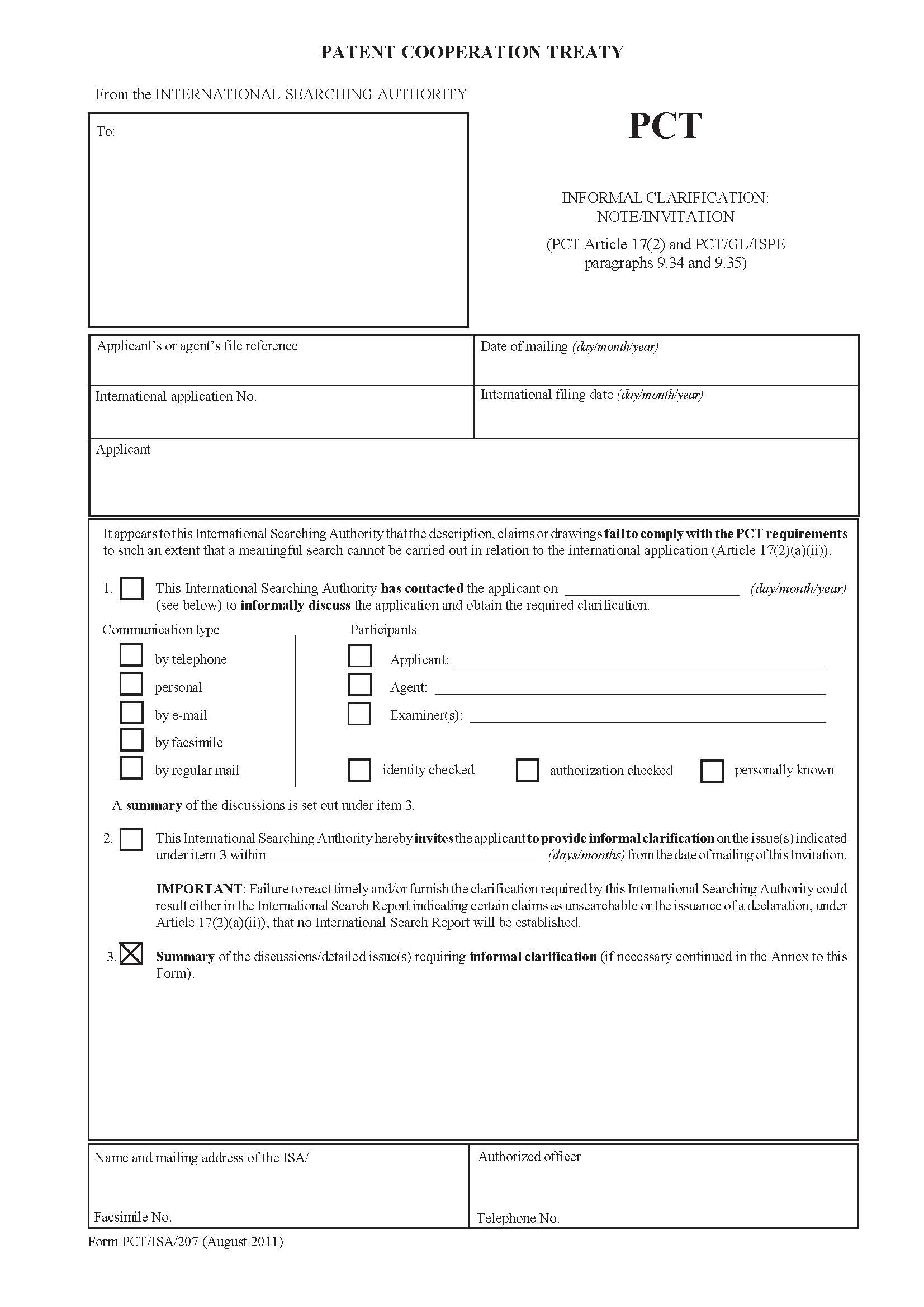 Informational Clarification Note-Invitation {PCT-ISA-207} | Pdf Fpdf Doc Docx | Official Federal Forms