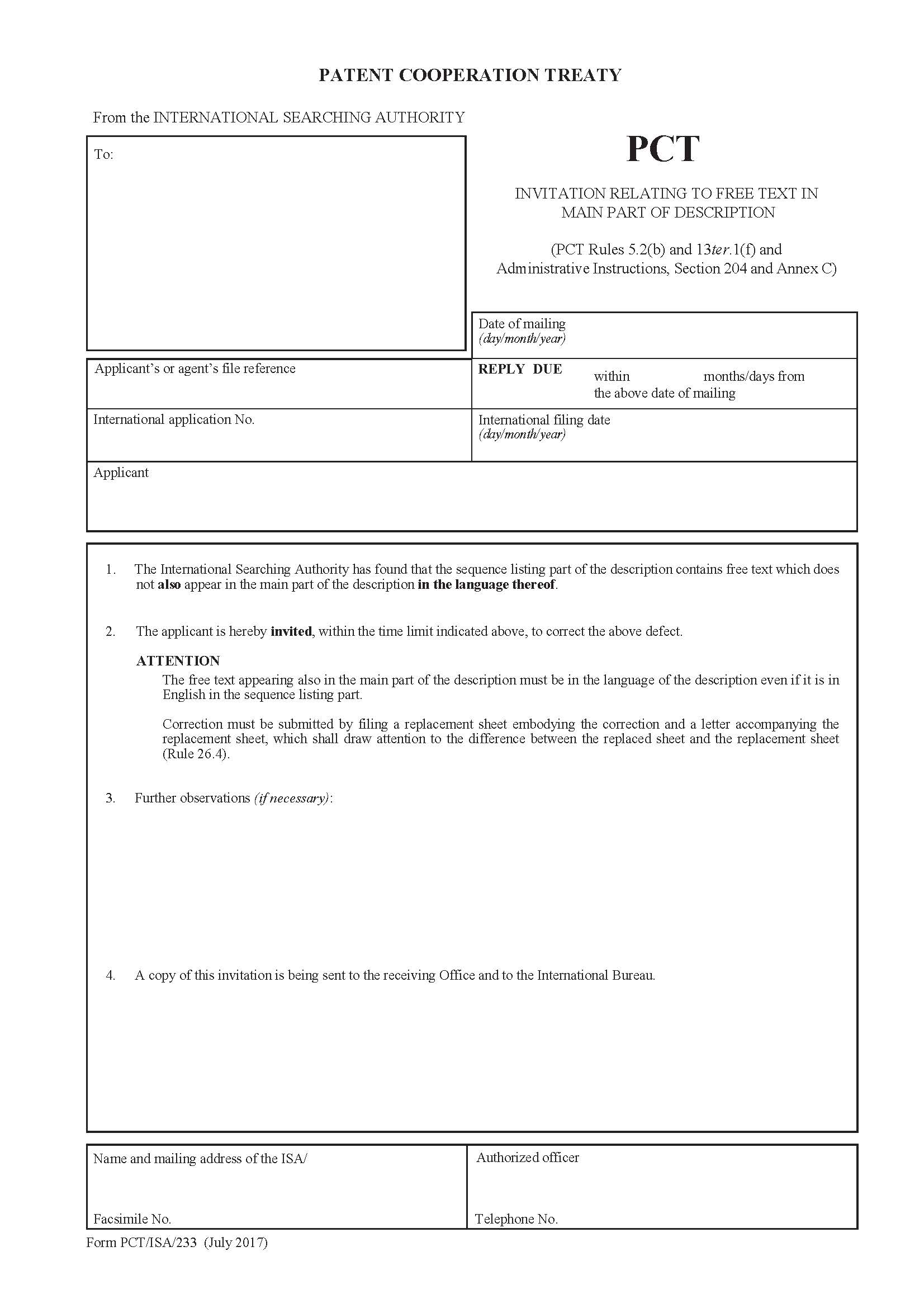Invitation Relating To Free Text In Main Part Of Description {PCT-ISA-233} | Pdf Fpdf Doc Docx | Official Federal Forms