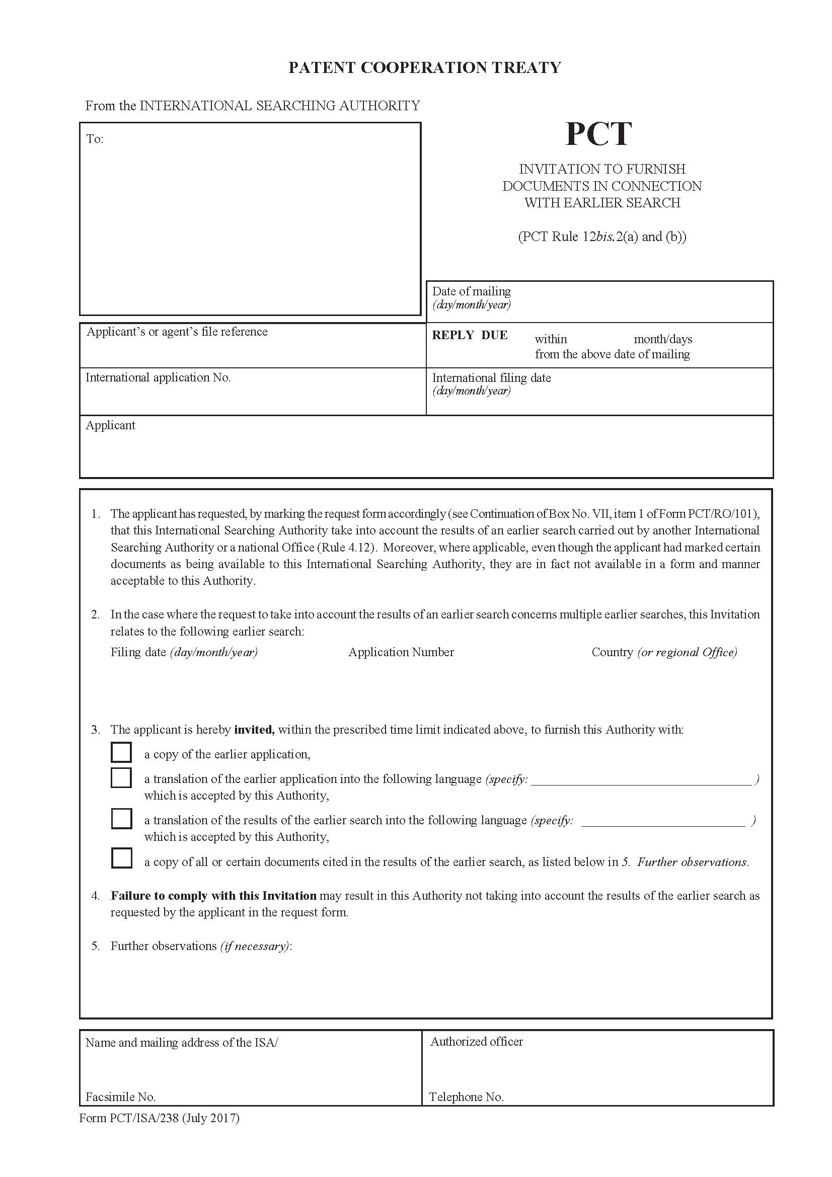 Invitation To Furnish Documents In Connection With Earlier Search {PCT-ISA-238} | Pdf Fpdf Doc Docx | Official Federal Forms