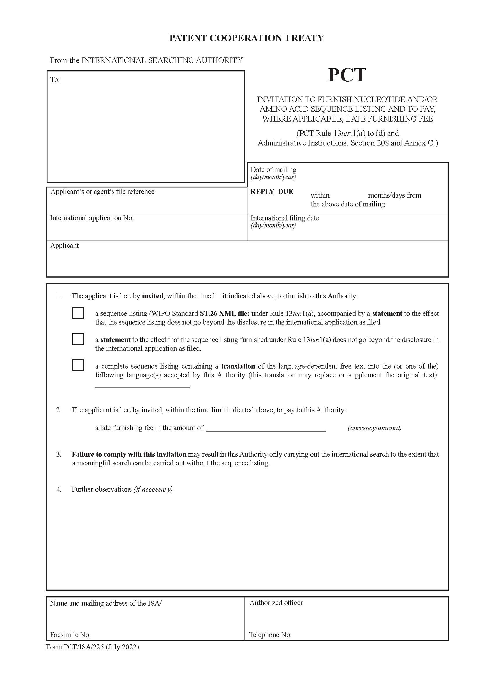 Invitation To Furnish Nucleotide And-Or Amino Acid Sequences Listing And-Or Tables {PCT-ISA-225} | Pdf Fpdf Doc Docx | Official Federal Forms