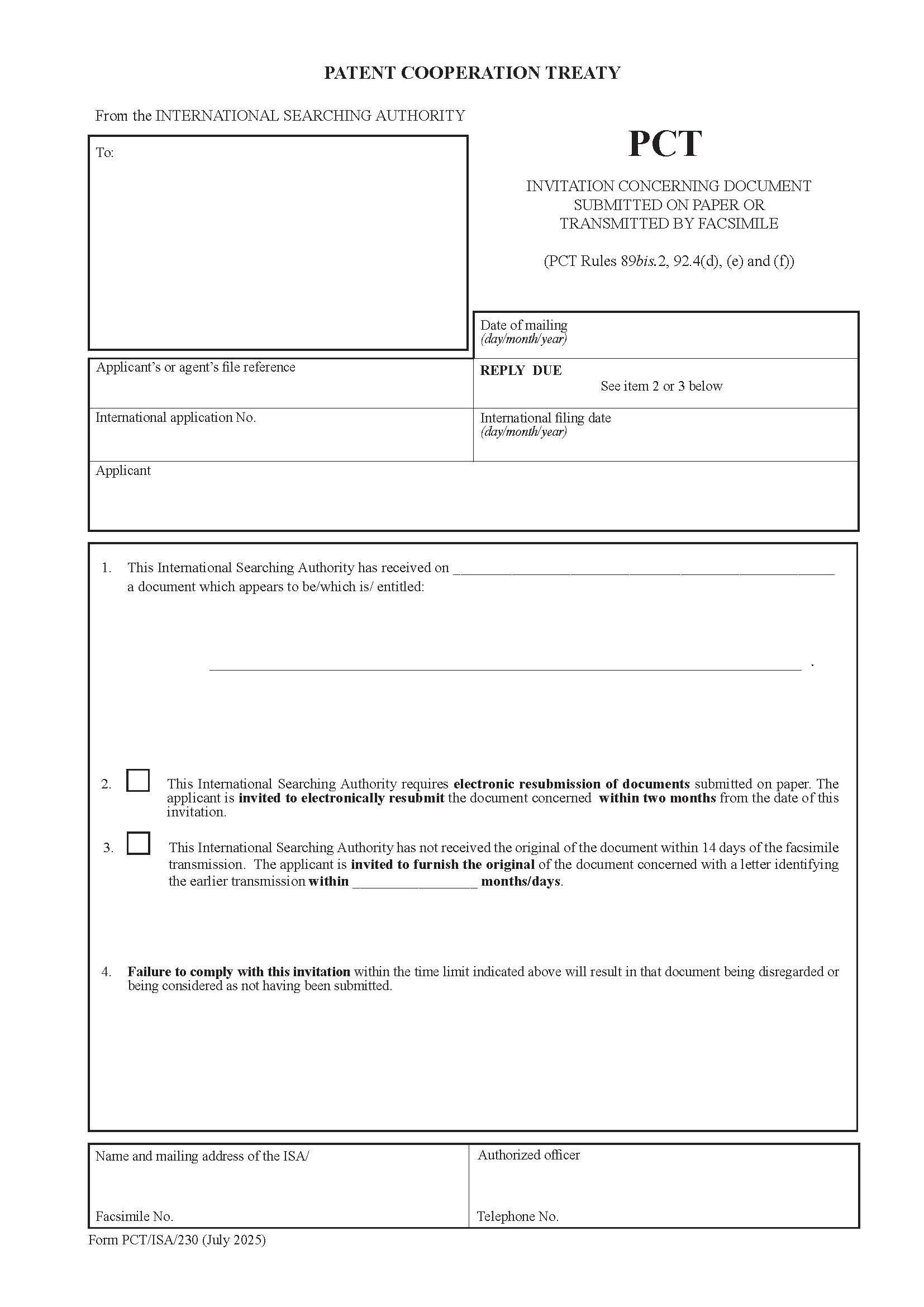 Invitation To Furnish Original Of Document Transmitted By Telegraph Teleprinter Facsmile Machine {PCT-ISA-230} | Pdf Fpdf Docx | Official Federal Forms