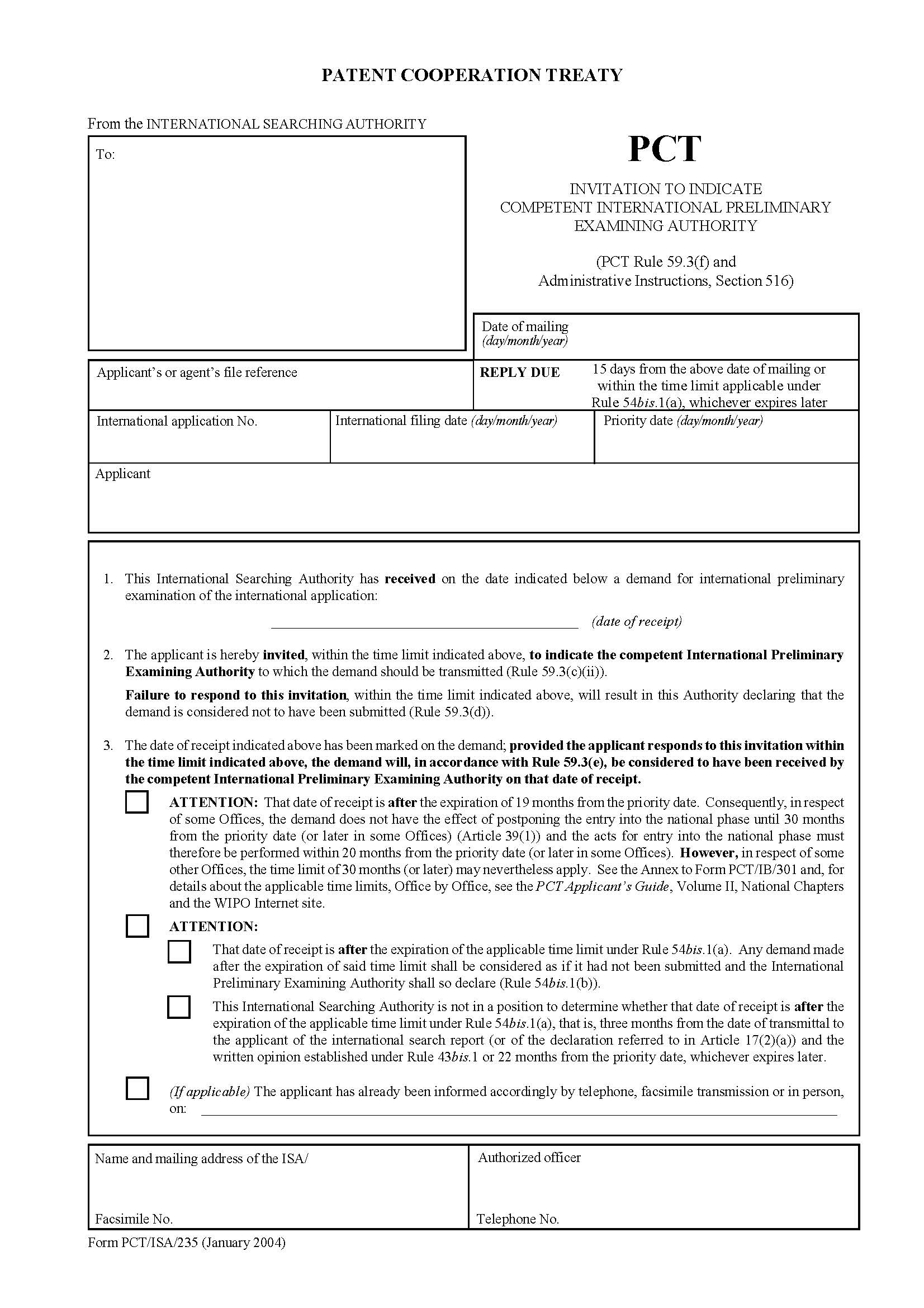 Invitation To Indicate Competent International Preliminary Examining Authority {PCT-ISA-235} | Pdf Fpdf Docx | Official Federal Forms