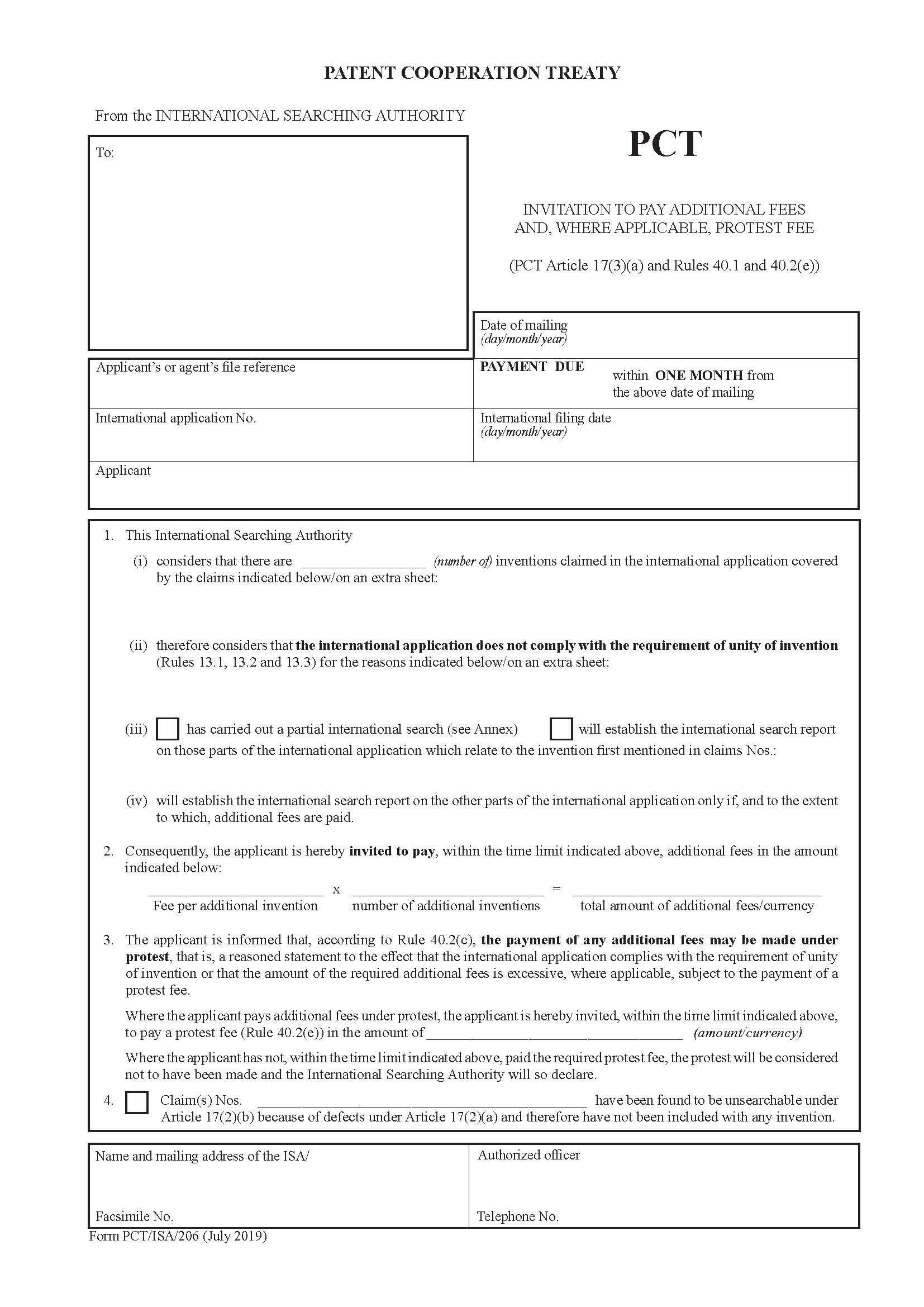 Invitation To Pay Additional Fees {PCT-ISA-206} | Pdf Fpdf Doc Docx | Official Federal Forms
