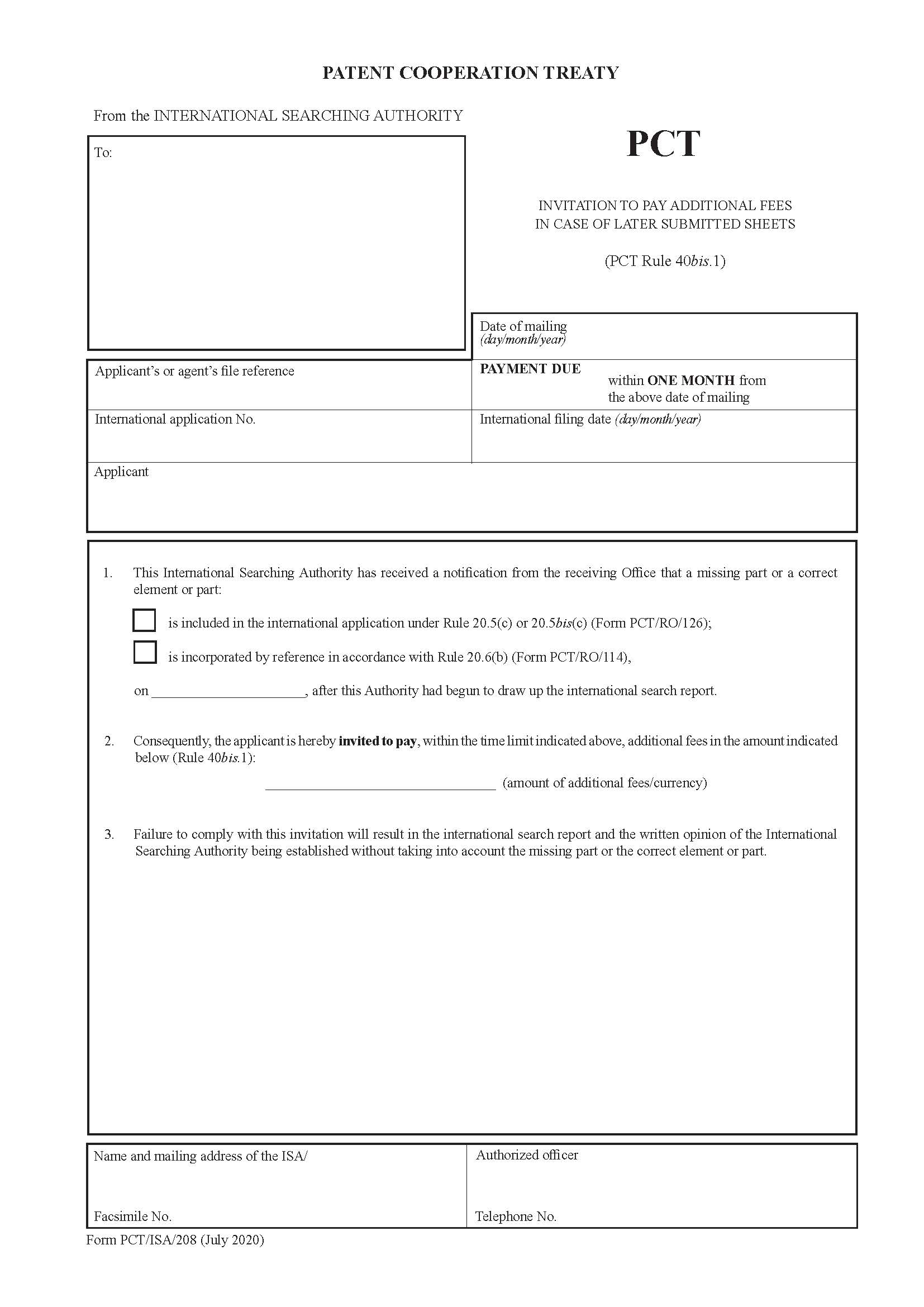 Invitation To Pay Additional Fees In Case Of Later Submitted Sheets {PCT-ISA-208} | Pdf Fpdf Docx | Official Federal Forms