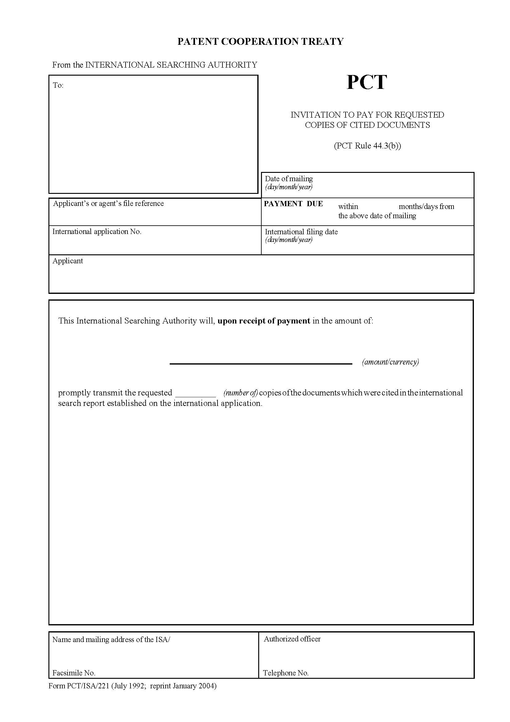 Invitation To Pay For Requested Copies Of Cited Documents {PCT-ISA-221} | Pdf Fpdf Docx | Official Federal Forms