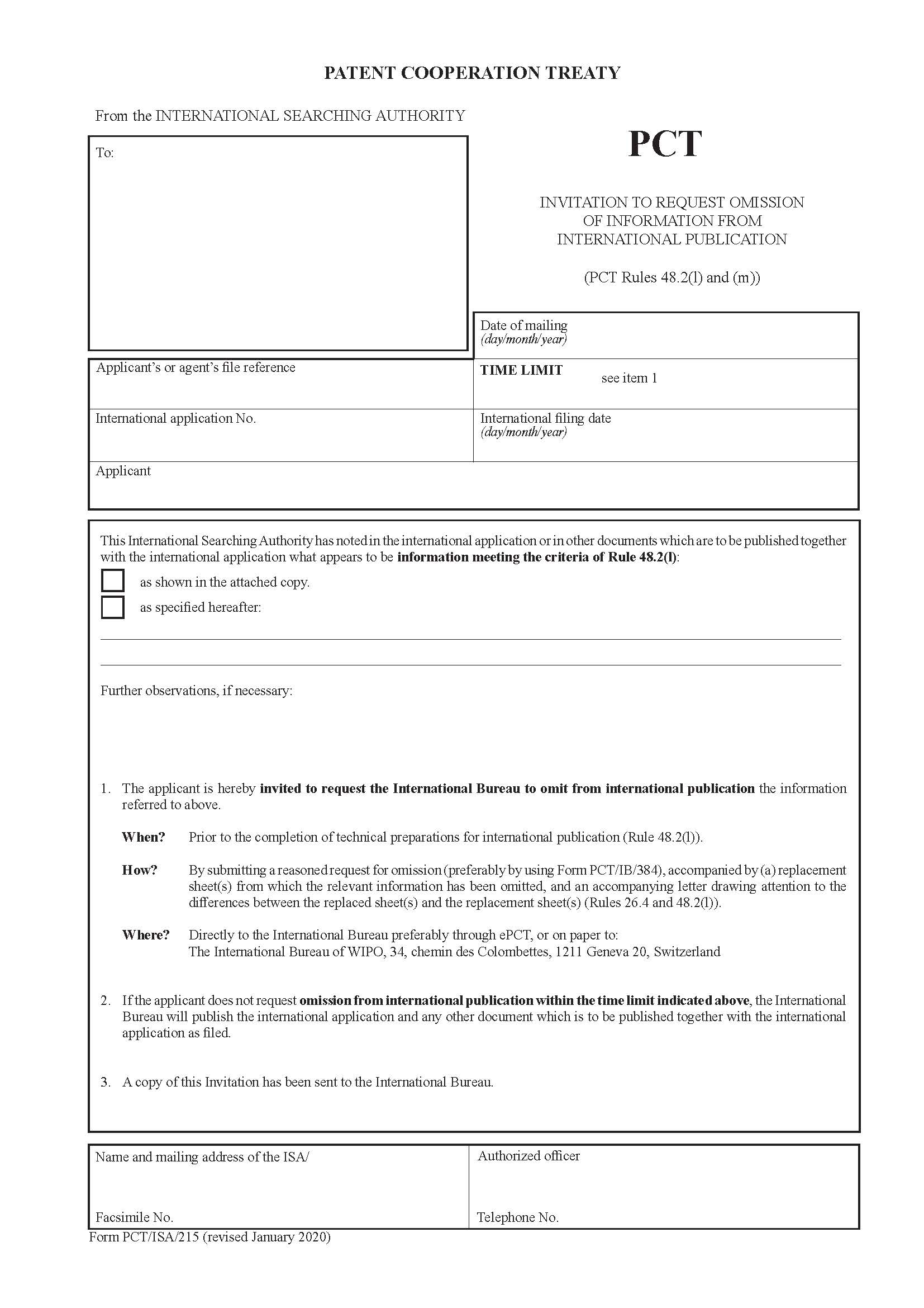 Invitation To Request Omission Of Information From International Publication {PCT-ISA-215} | Pdf Fpdf Docx | Official Federal Forms