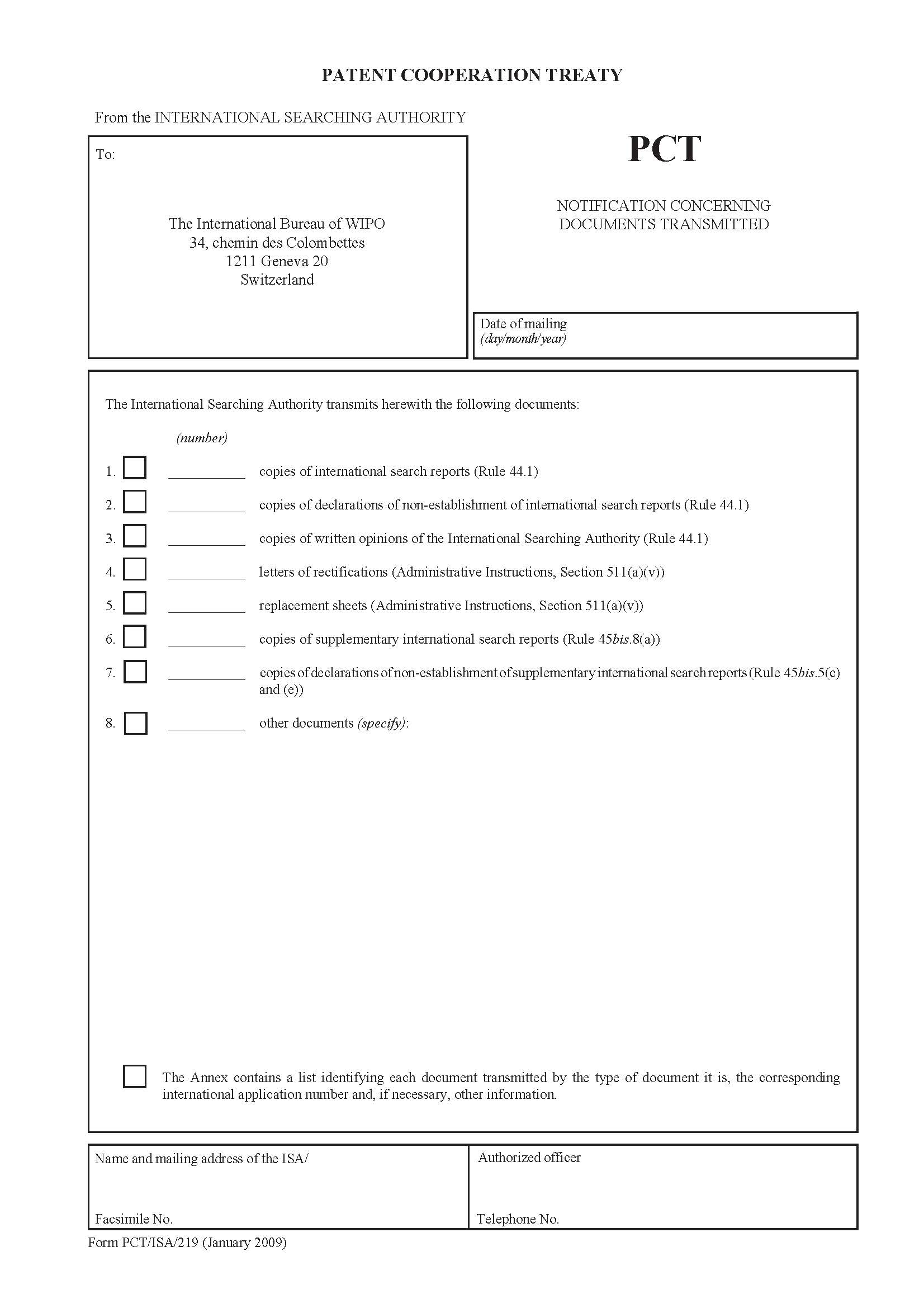Notification Concerning Documents Transmitted {PCT-ISA-219} | Pdf Fpdf Doc Docx | Official Federal Forms